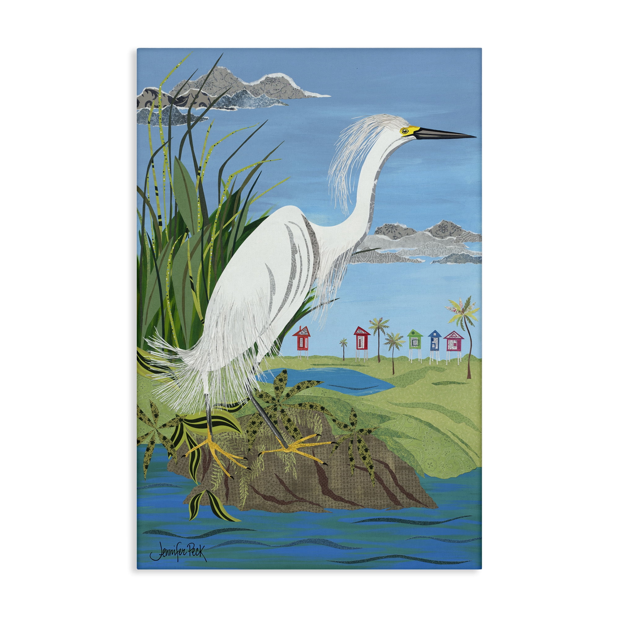 Stupell Industries Egret Perched on Shore Animals & Insects Painting Gallery Wrapped Canvas Art Print Wall Art, 24 x 36