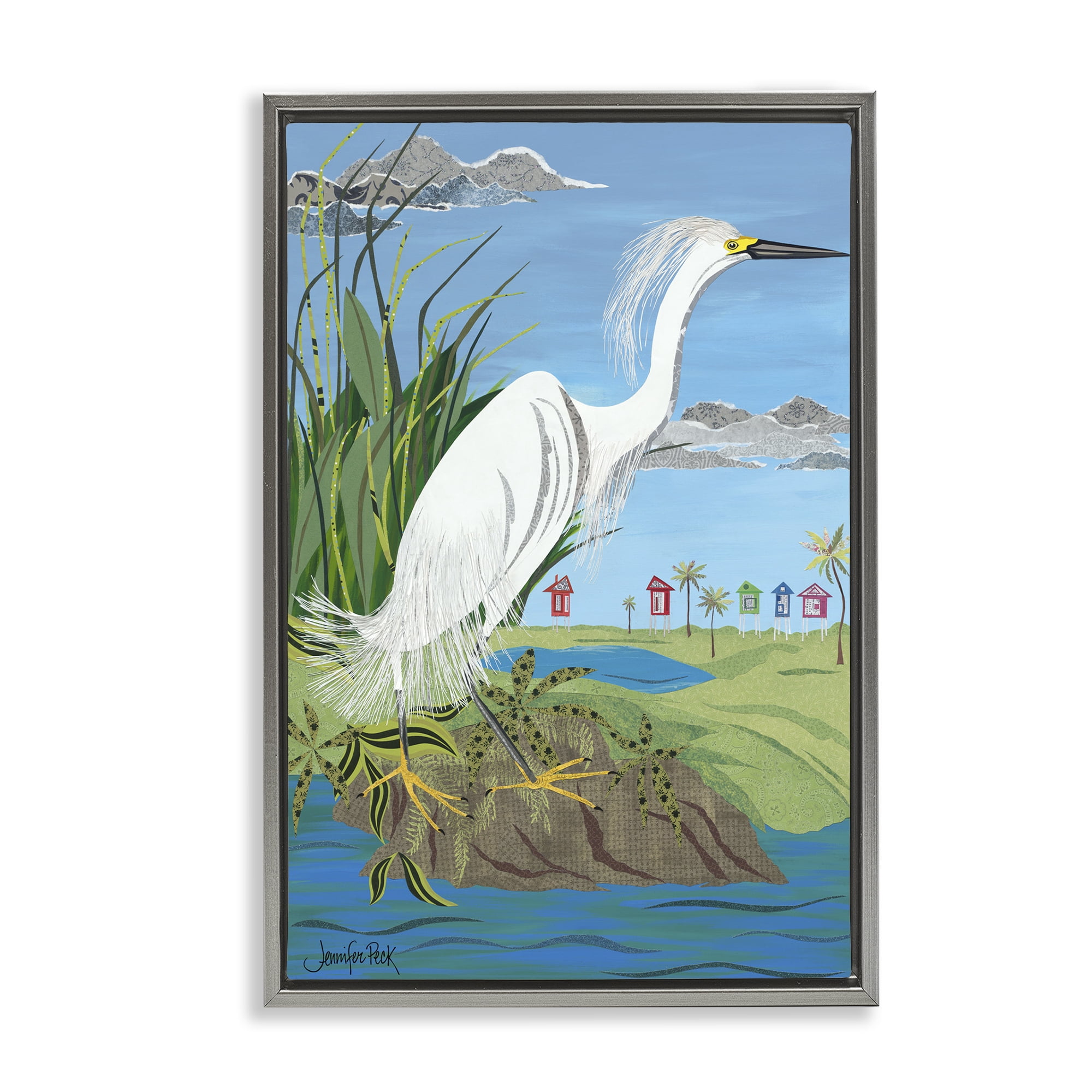 Stupell Industries Egret Perched on Shore Animals & Insects Painting Gray Floater Framed Canvas Art Print Wall Art, 17 x 25