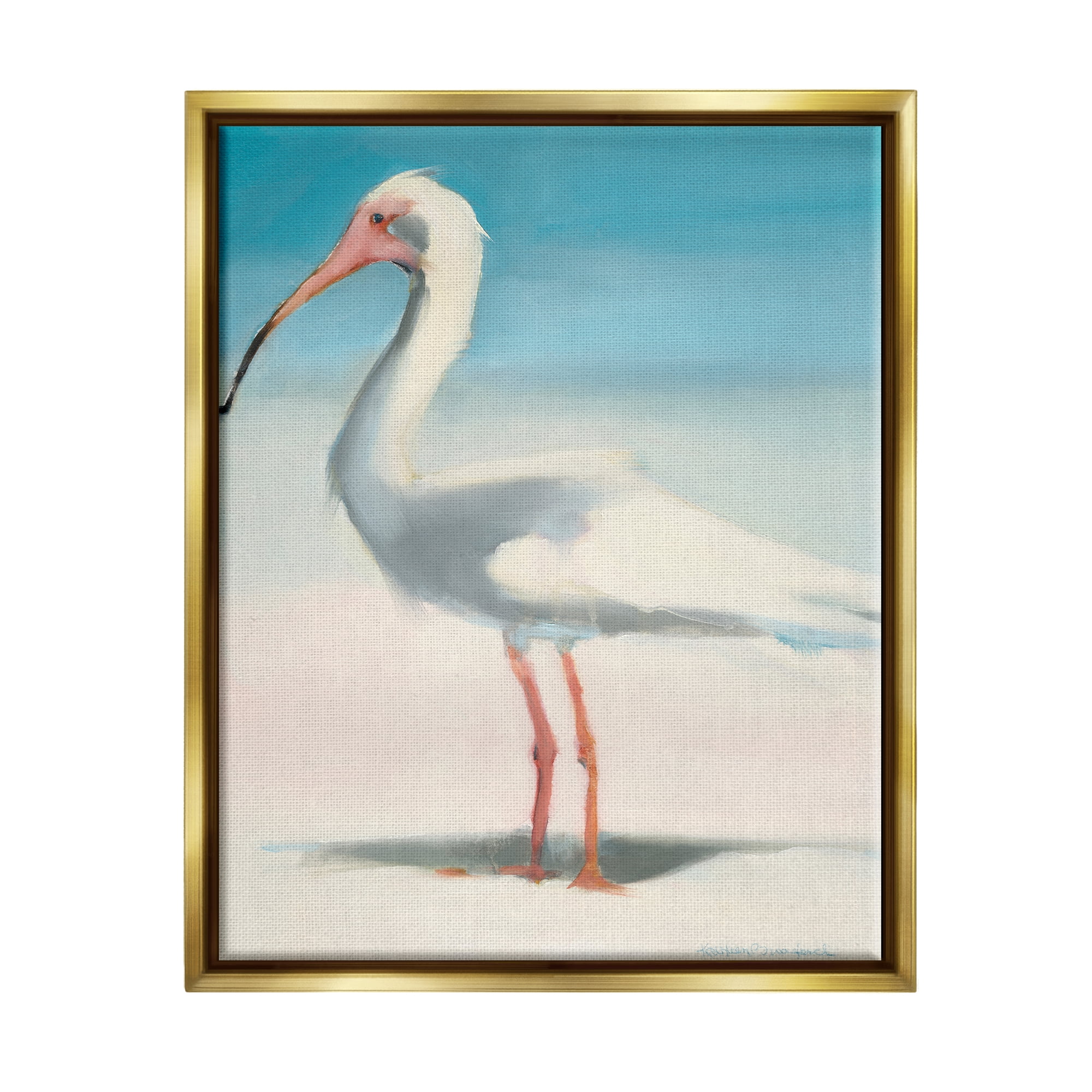 Stupell Industries Egret Portrait Beach Sand Gradient Coastal Painting Gold Floater Framed Art Print Wall Art