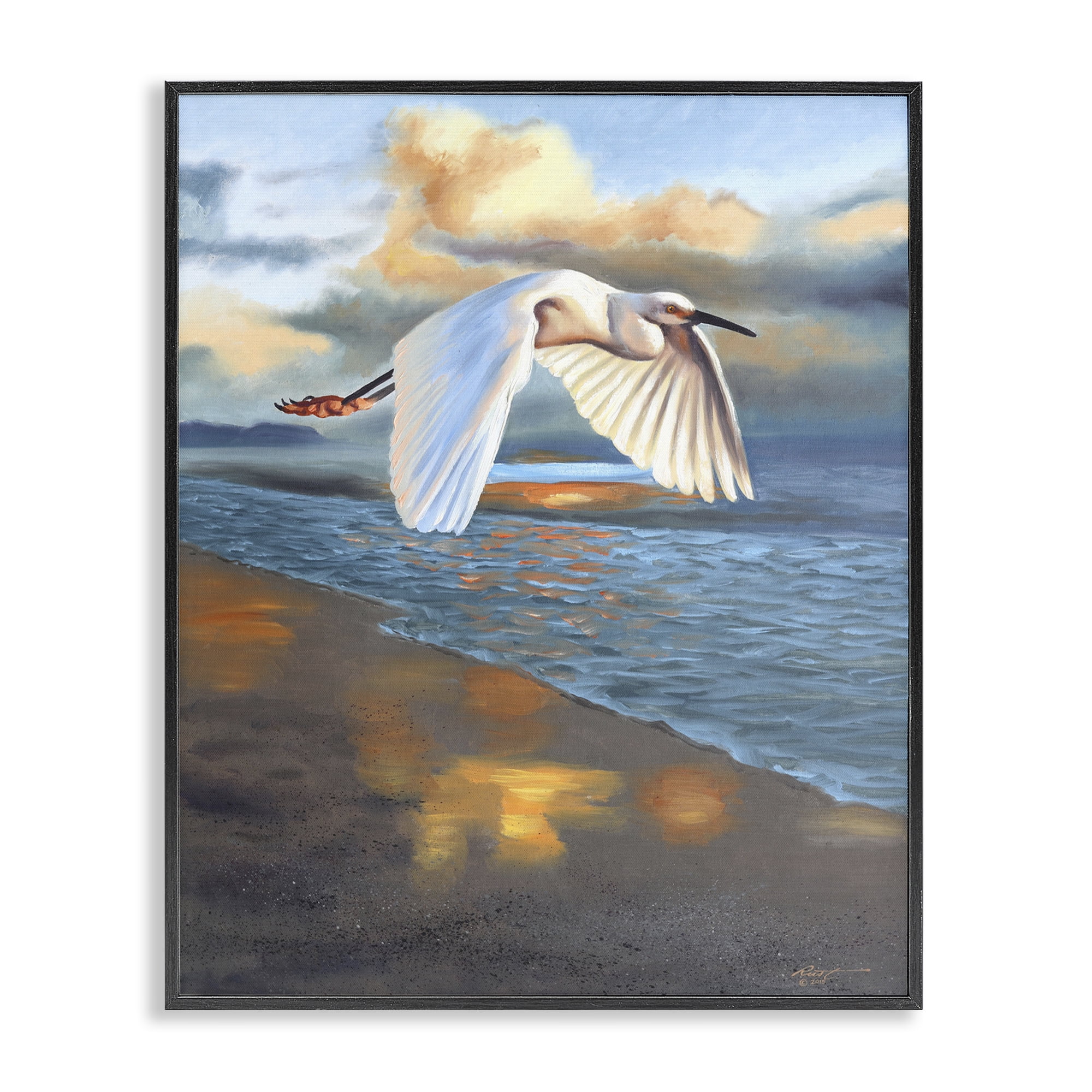 Stupell Industries Egret Wingspan over Beach Landscape Painting Black Framed Art Print Wall Art, 16 x 20