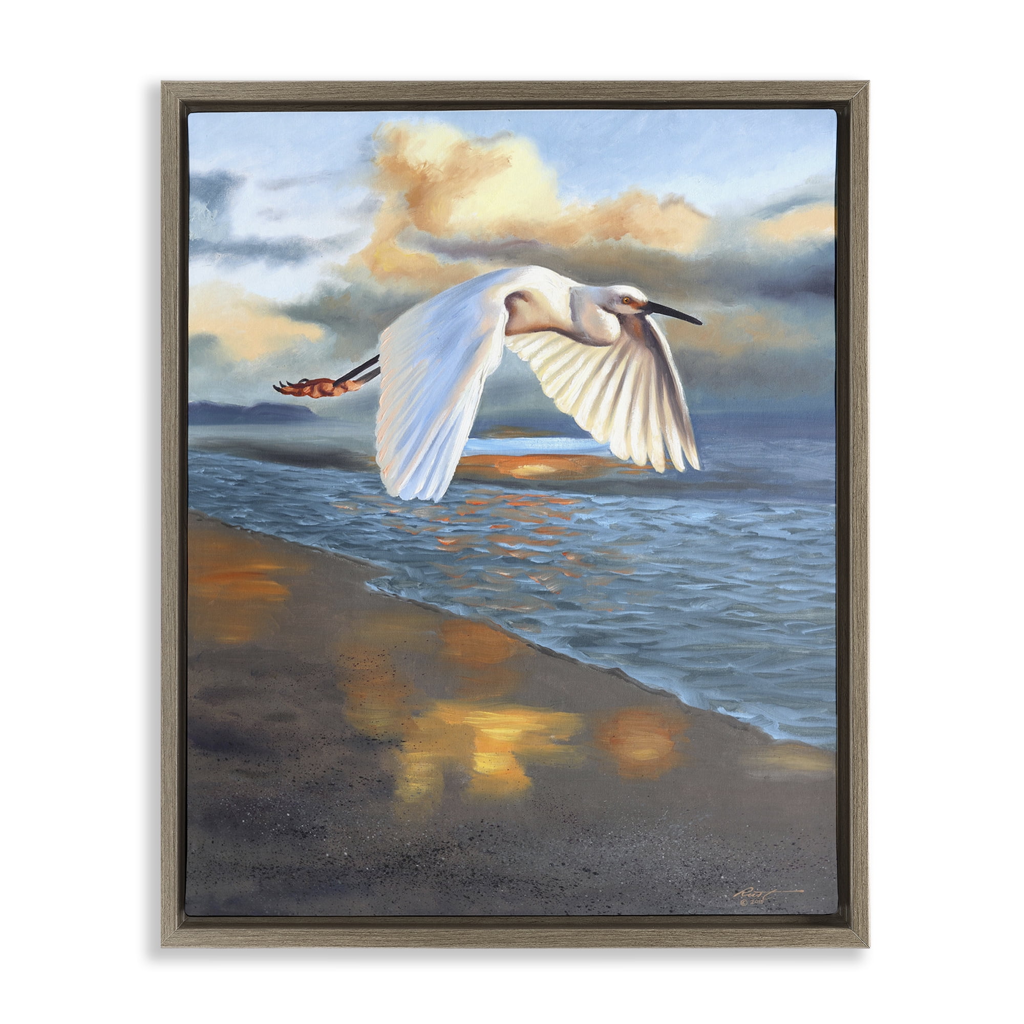 Stupell Industries Egret Wingspan over Beach Landscape Painting Brown Floater Framed Canvas Art Print Wall Art, 17 x 21
