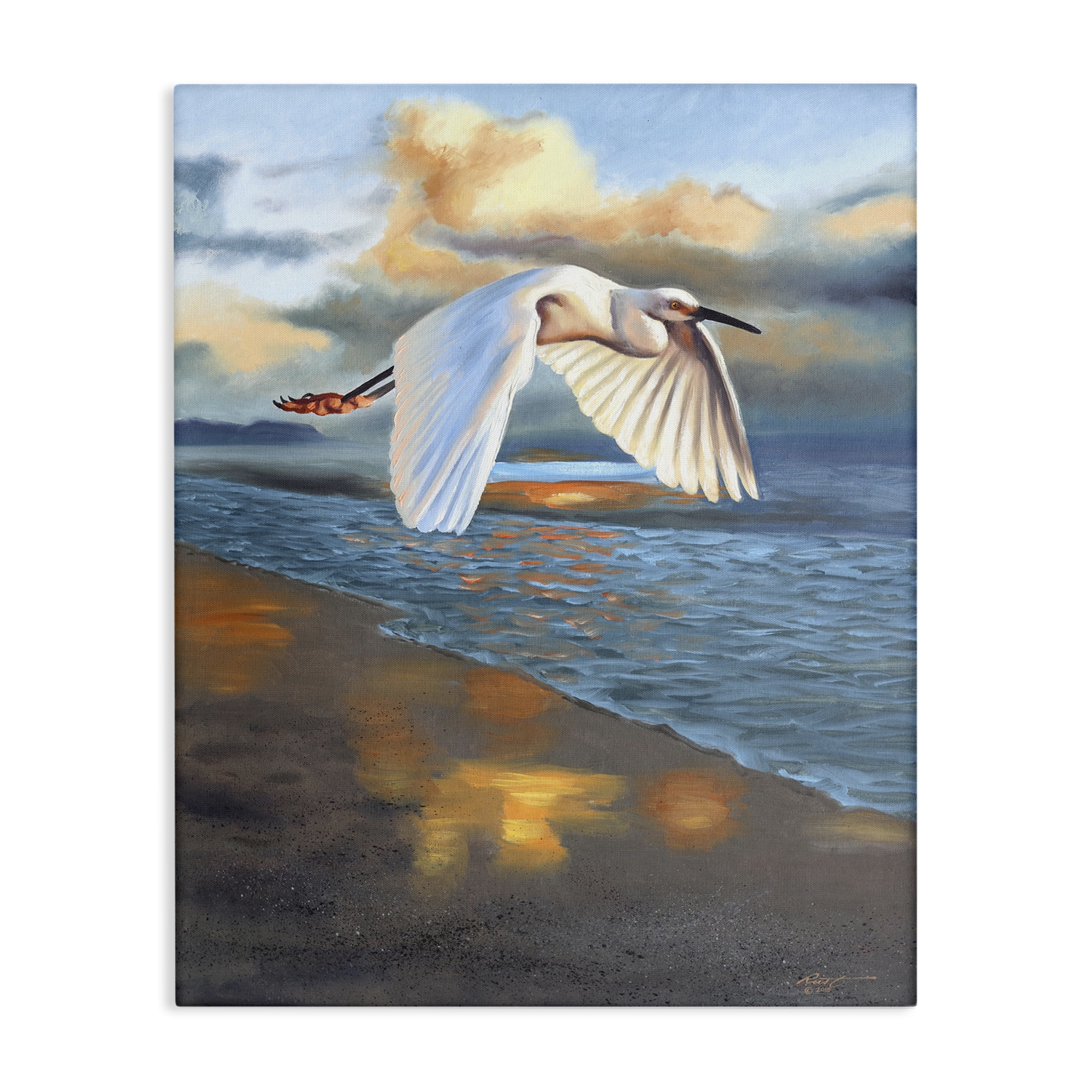 Stupell Industries Egret Wingspan over Beach Landscape Painting Gallery Wrapped Canvas Art Print Wall Art, 36 x 48