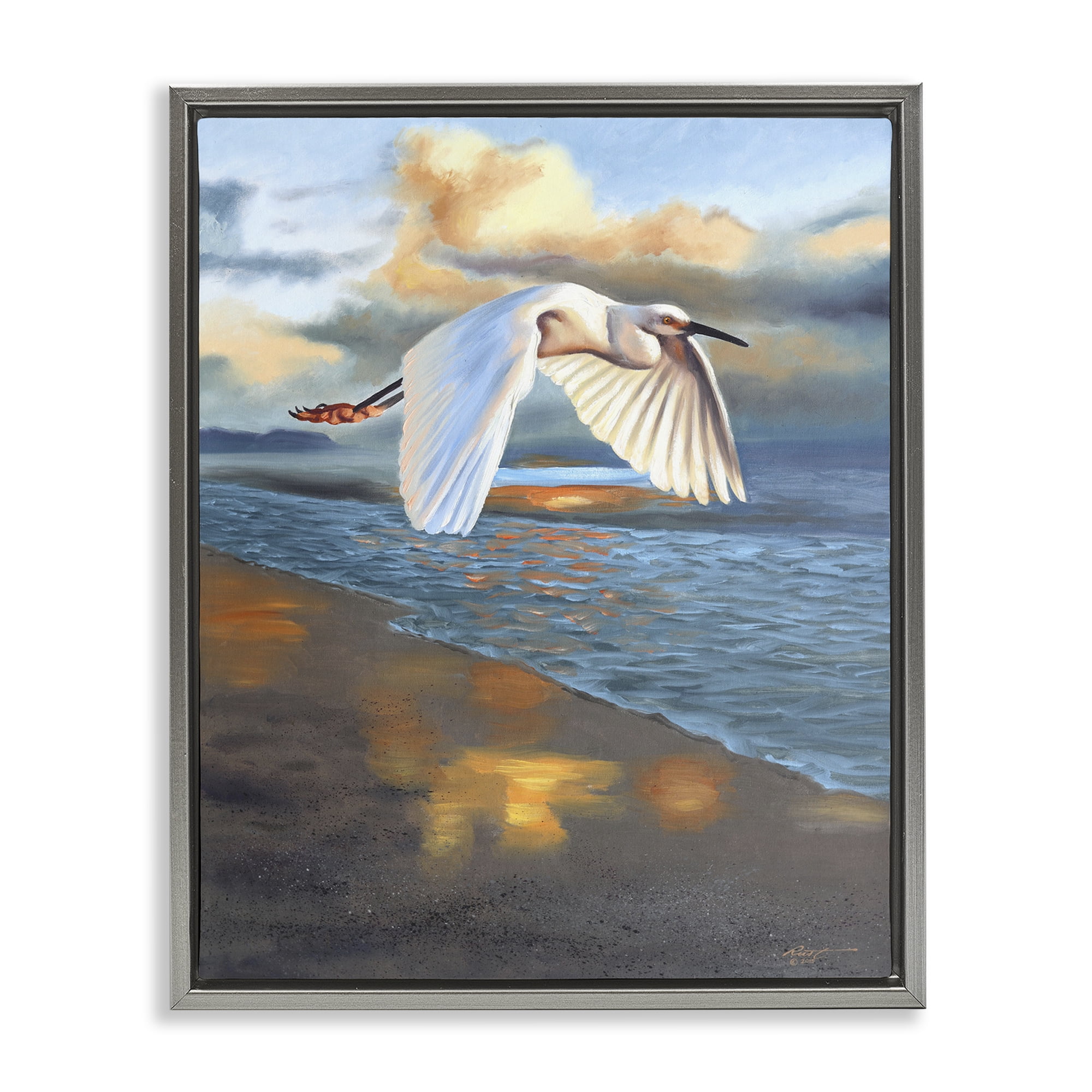 Stupell Industries Egret Wingspan over Beach Landscape Painting Gray Floater Framed Canvas Art Print Wall Art, 17 x 21