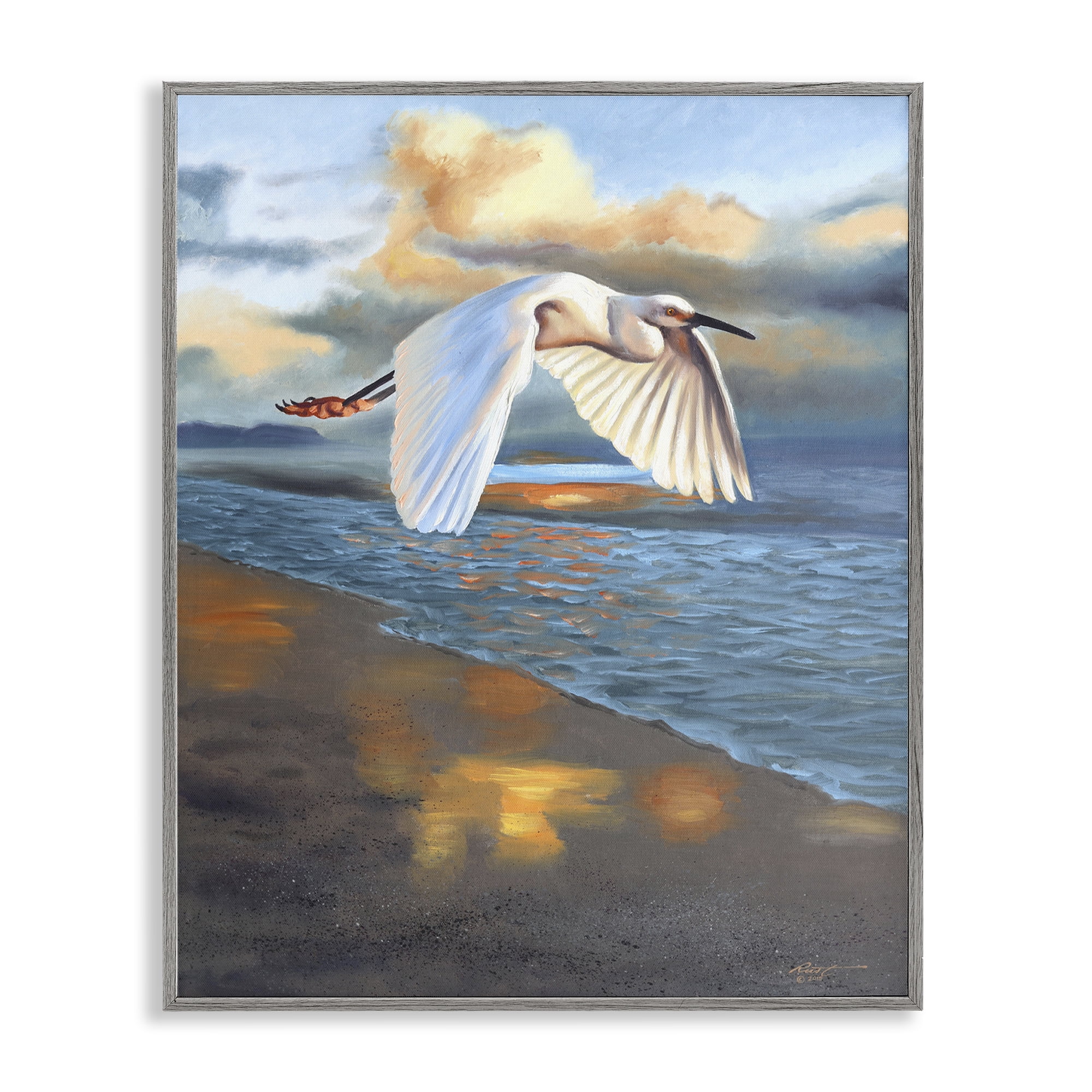 Stupell Industries Egret Wingspan over Beach Landscape Painting Gray Framed Art Print Wall Art, 24 x 30