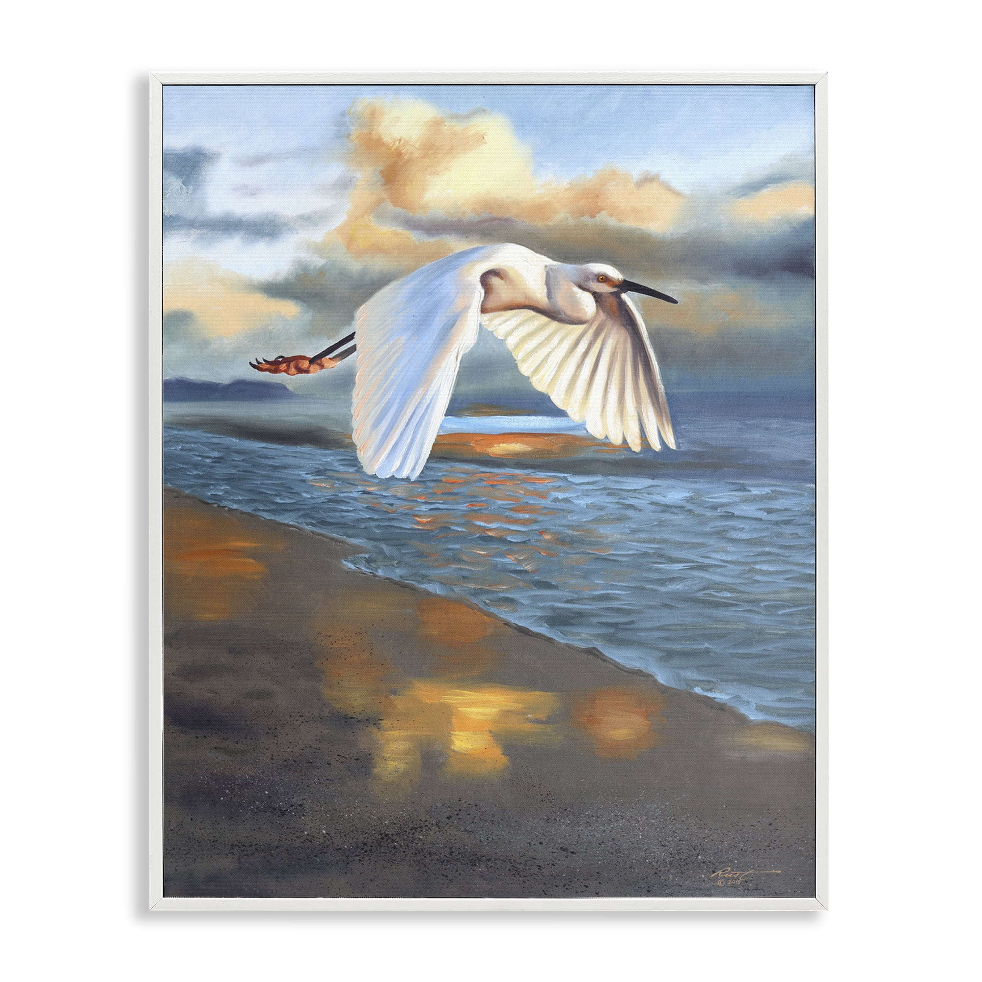 Stupell Industries Egret Wingspan over Beach Landscape Painting White Framed Art Print Wall Art, 16 x 20