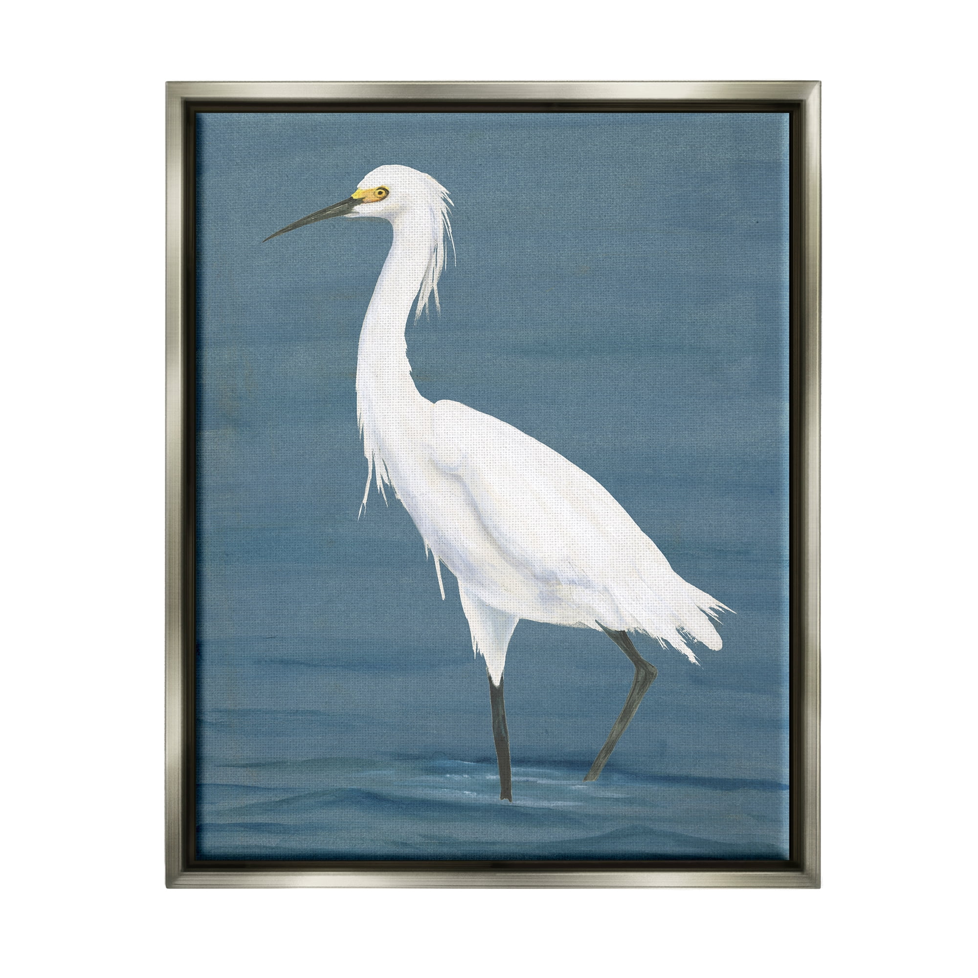 Stupell Industries Egret in Beach Shore Animals & Insects Painting Gray Floater Framed Canvas Art Print Wall Art, 17 x 21