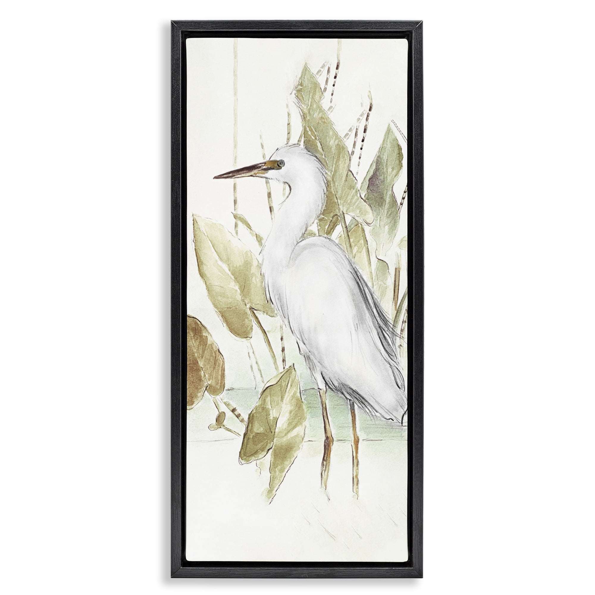 Stupell Industries Egret in Lake Drawing Animals & Insects Drawing Black Floater Framed Canvas Art Print Wall Art, 15 x 31