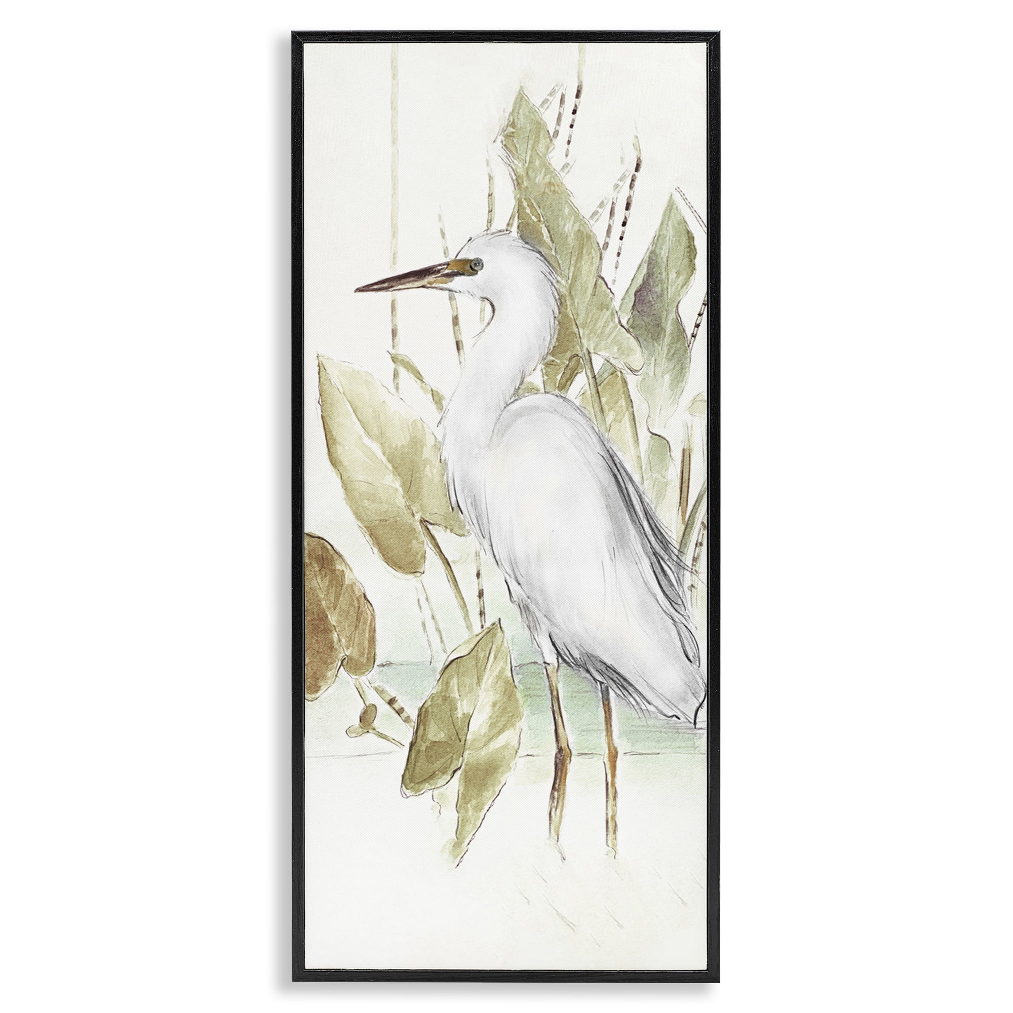 Stupell Industries Egret in Lake Drawing Animals & Insects Drawing Black Framed Art Print Wall Art, 10 x 24