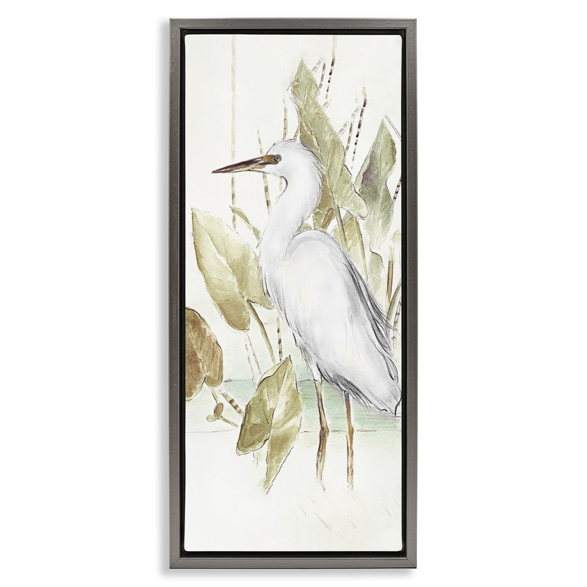 Stupell Industries Egret in Lake Drawing Animals & Insects Drawing Gray Floater Framed Canvas Art Print Wall Art, 15 x 31
