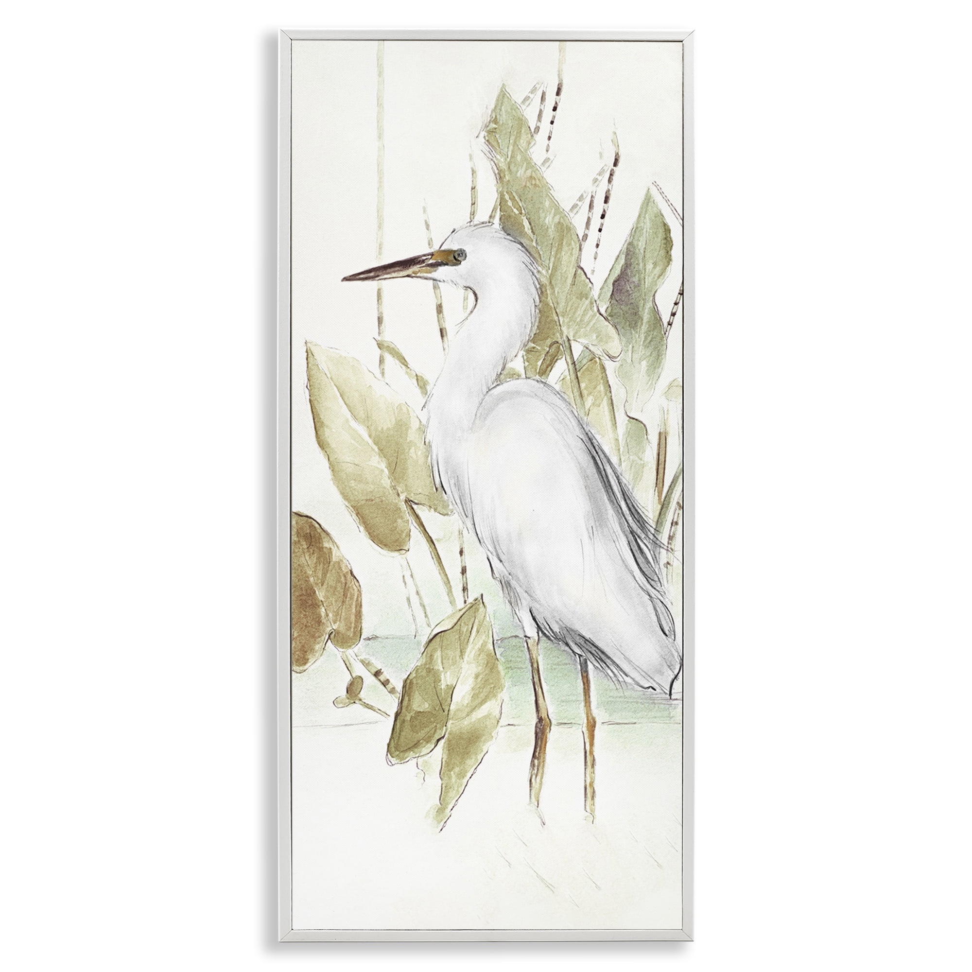 Stupell Industries Egret in Lake Drawing Animals & Insects Drawing White Framed Art Print Wall Art, 13 x 30