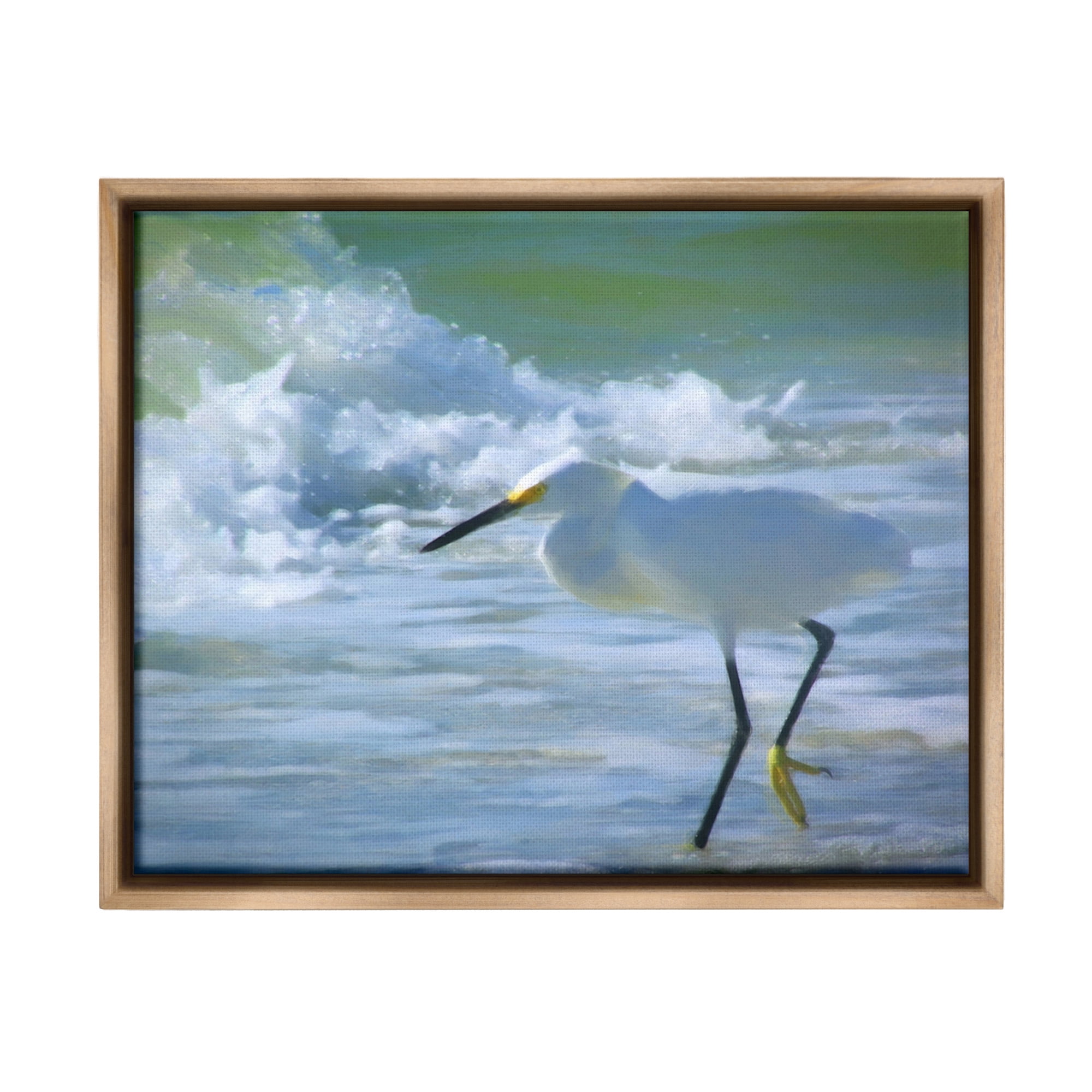 Stupell Industries Egret in Splashing Waves Landscape Painting Brown Floater Framed Canvas Art Print Wall Art, 21 x 17