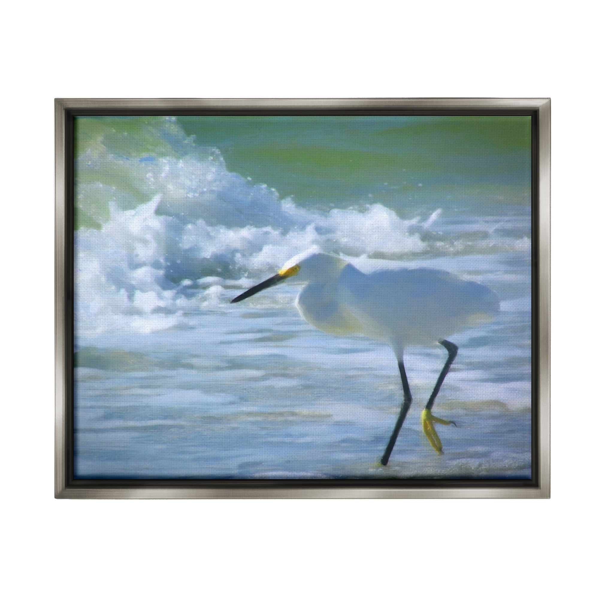 Stupell Industries Egret in Splashing Waves Landscape Painting Gray Floater Framed Canvas Art Print Wall Art, 21 x 17