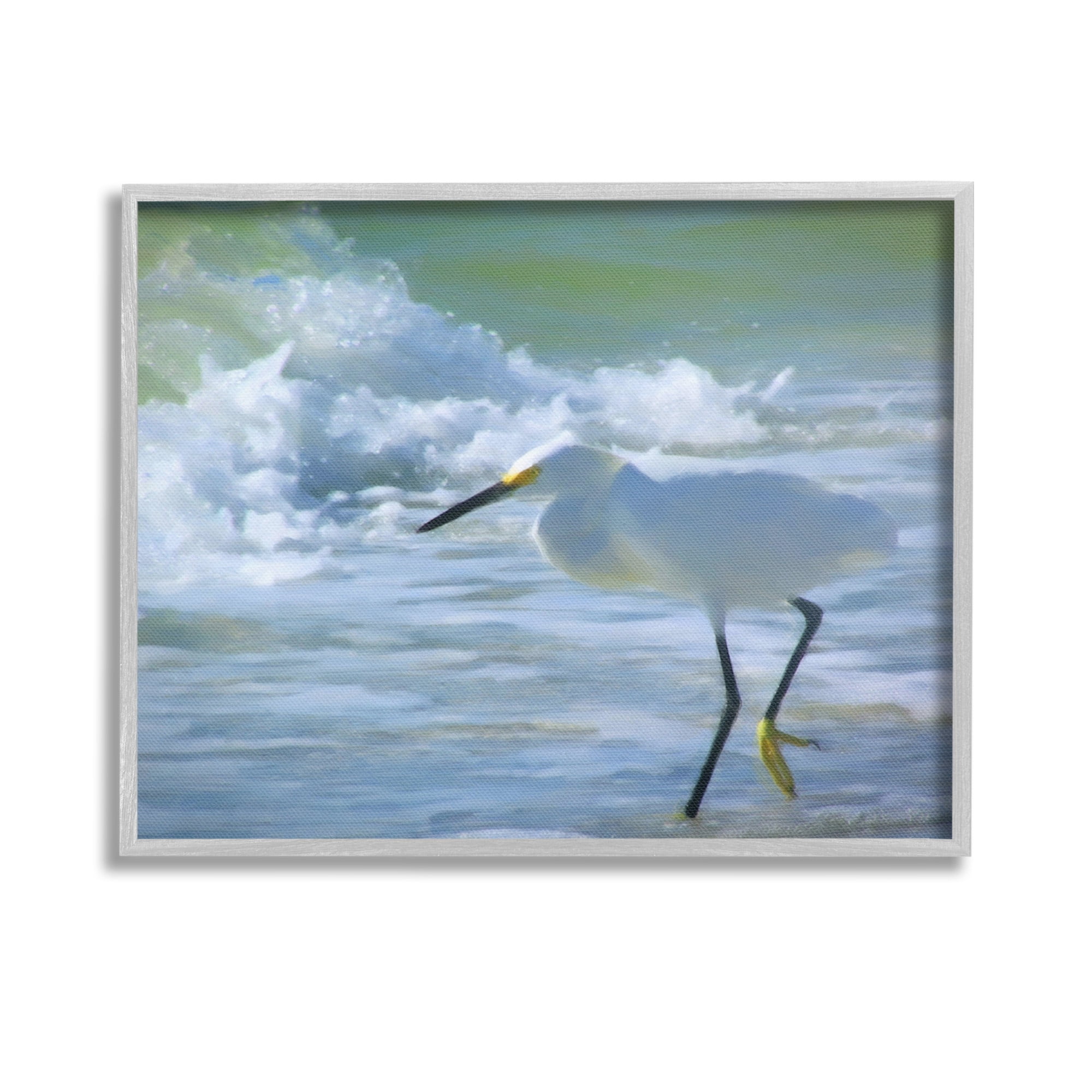 Stupell Industries Egret in Splashing Waves Landscape Painting Gray Framed Art Print Wall Art, 14 x 11
