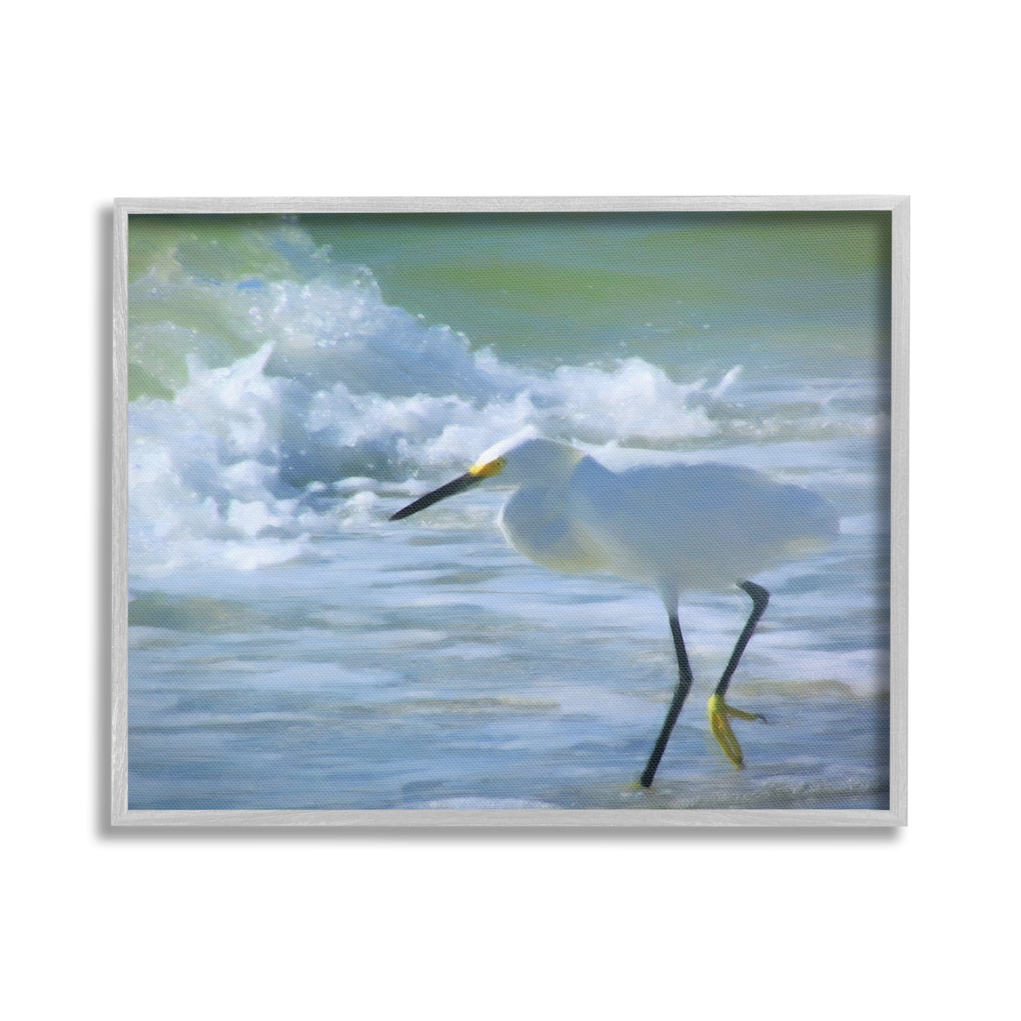 Stupell Industries Egret in Splashing Waves Landscape Painting Gray Framed Art Print Wall Art, 30 x 24