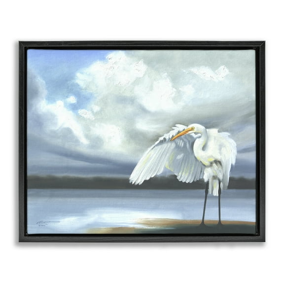Stupell Industries Egret on Cloudy Beach Shore Animals & Insects Painting Black Floater Framed Canvas Art Print Wall Art, 21 x 17