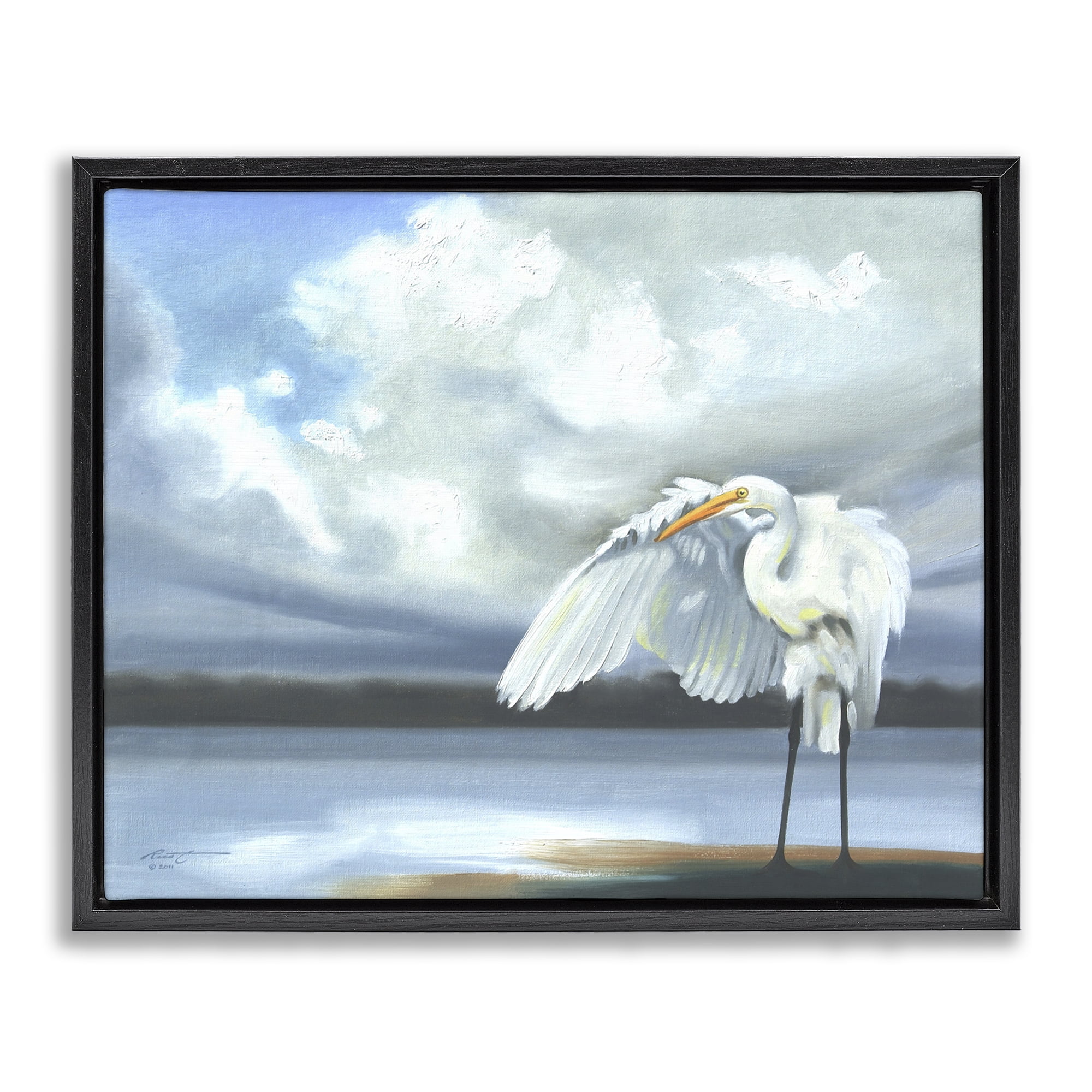 Stupell Industries Egret on Cloudy Beach Shore Animals & Insects Painting Black Floater Framed Canvas Art Print Wall Art, 31 x 25