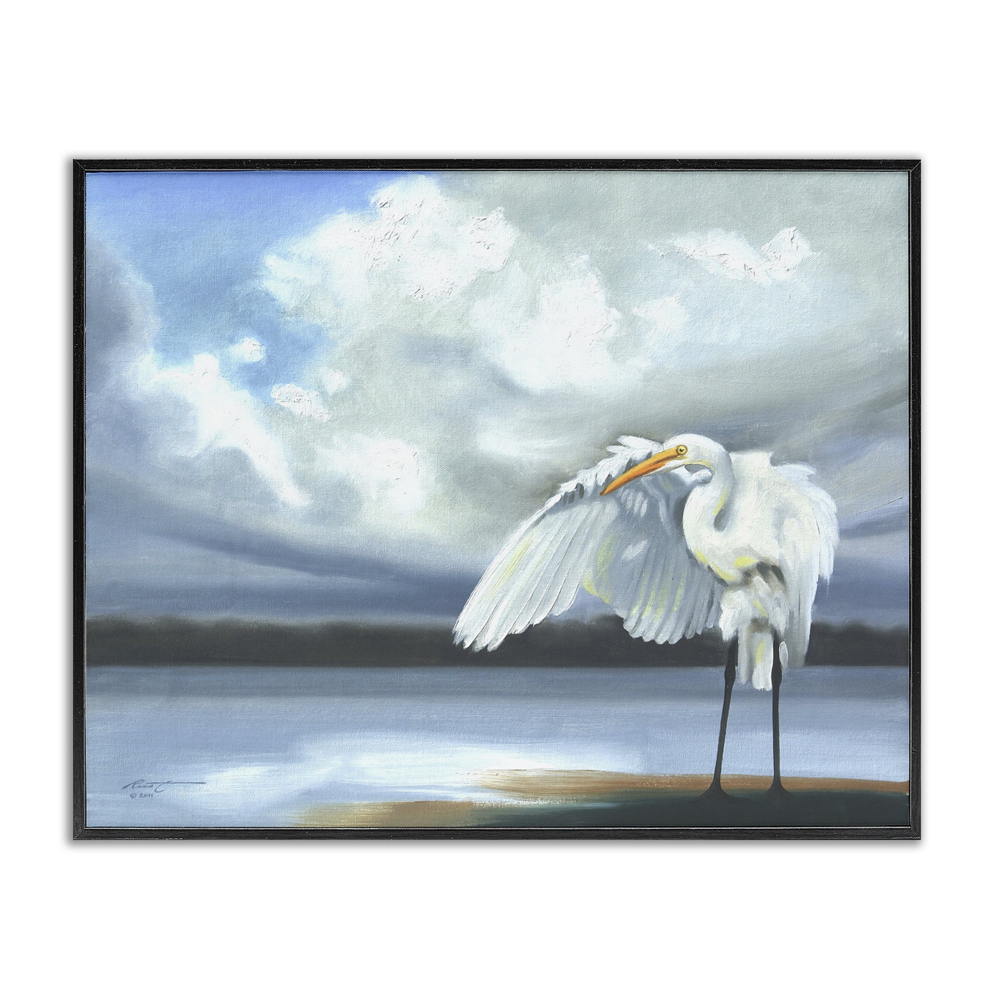 Stupell Industries Egret on Cloudy Beach Shore Animals & Insects Painting Black Framed Art Print Wall Art, 30 x 24