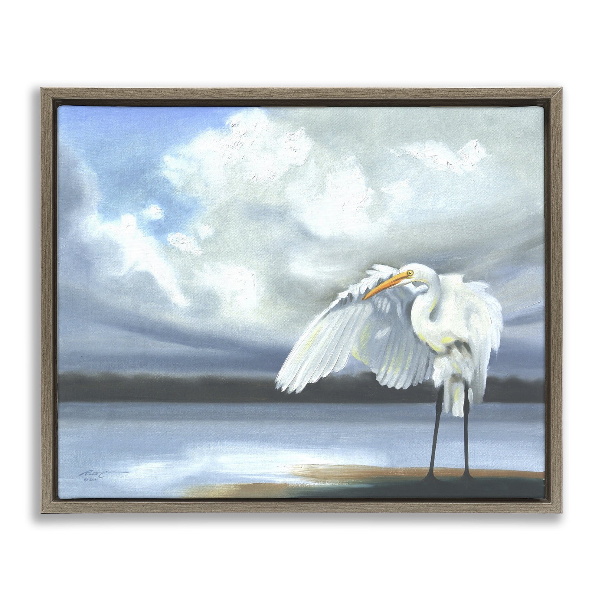 Stupell Industries Egret on Cloudy Beach Shore Animals & Insects Painting Brown Floater Framed Canvas Art Print Wall Art, 21 x 17