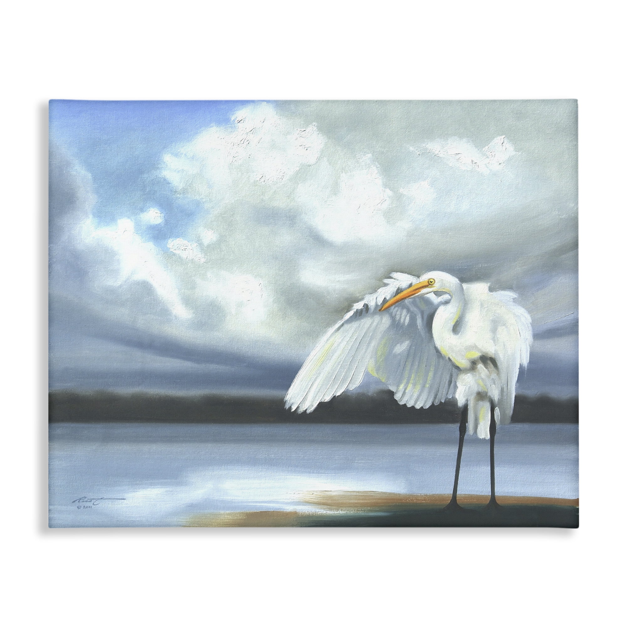 Stupell Industries Egret on Cloudy Beach Shore Animals & Insects Painting Gallery Wrapped Canvas Art Print Wall Art, 20 x 16