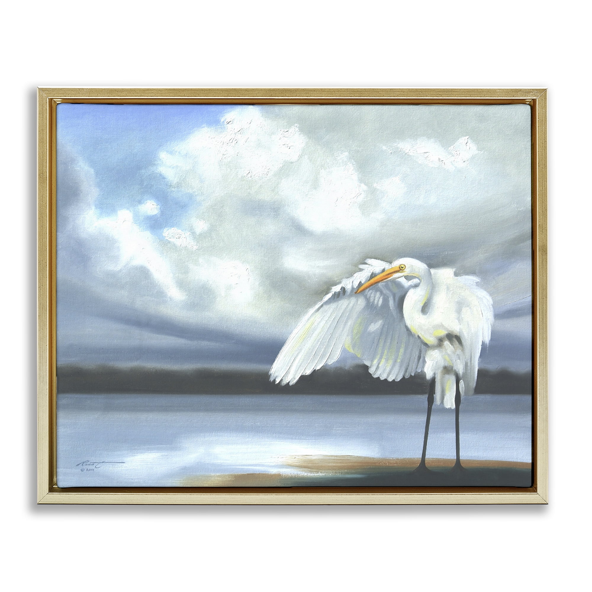 Stupell Industries Egret on Cloudy Beach Shore Animals & Insects Painting Gold Floater Framed Canvas Art Print Wall Art, 31 x 25