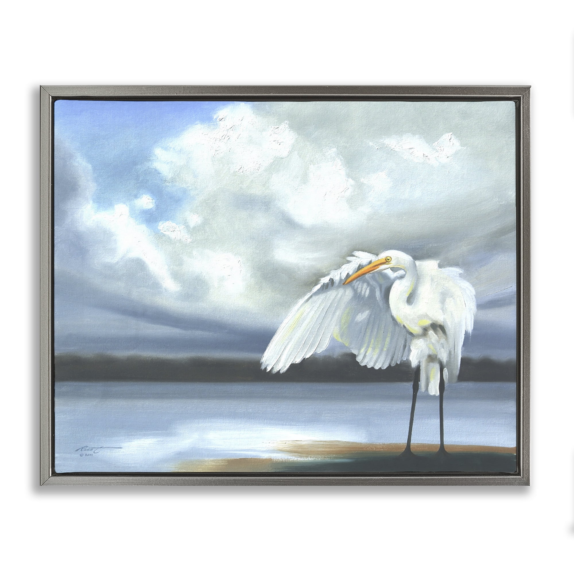 Stupell Industries Egret on Cloudy Beach Shore Animals & Insects Painting Gray Floater Framed Canvas Art Print Wall Art, 31 x 25