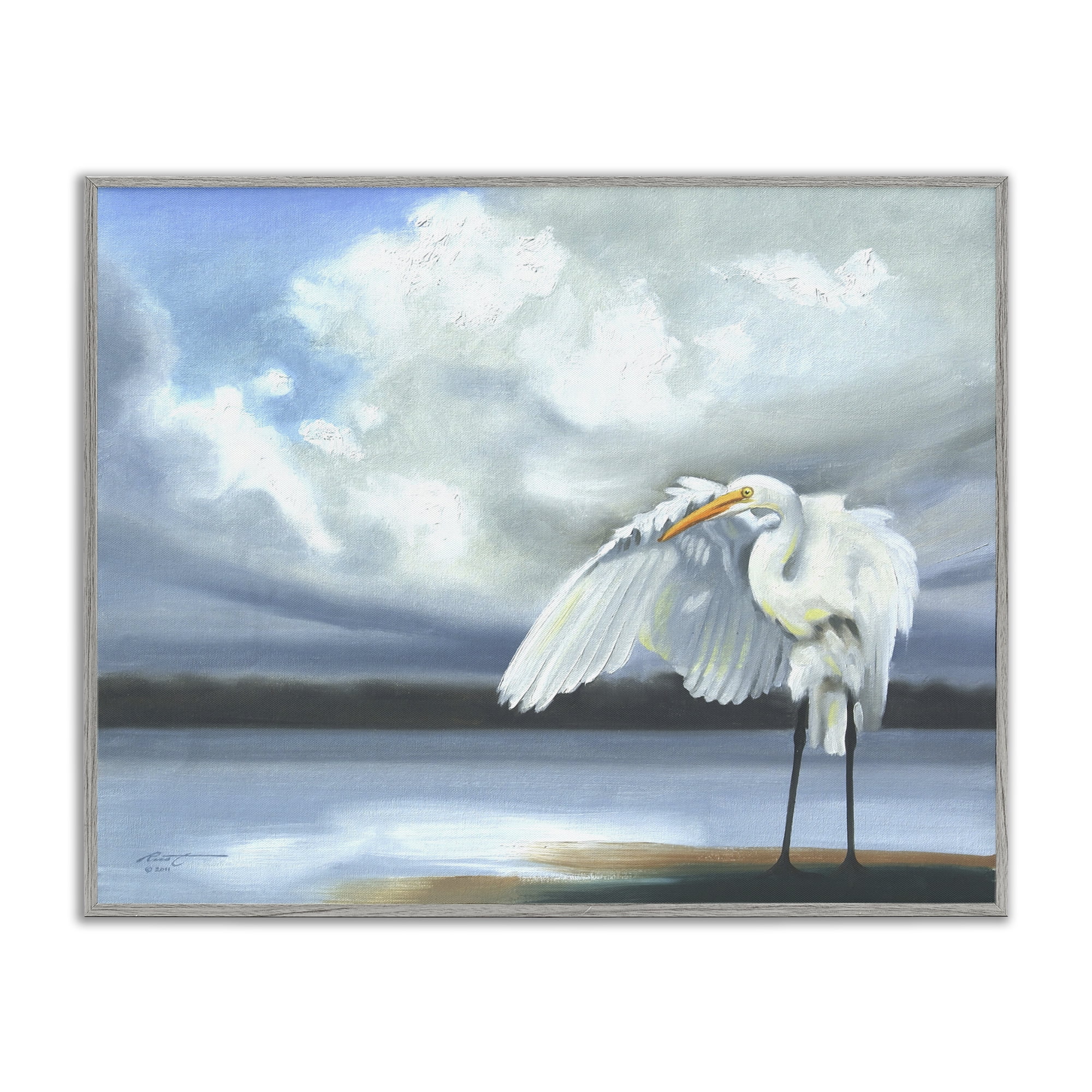 Stupell Industries Egret on Cloudy Beach Shore Animals & Insects Painting Gray Framed Art Print Wall Art, 14 x 11