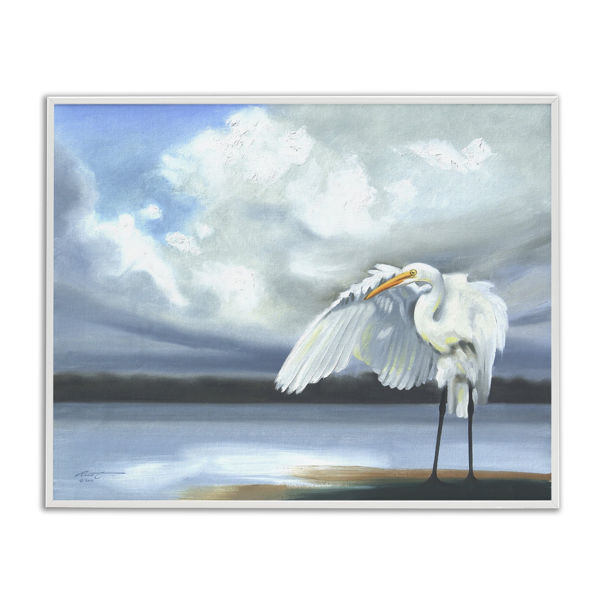 Stupell Industries Egret on Cloudy Beach Shore Animals & Insects Painting White Framed Art Print Wall Art, 30 x 24