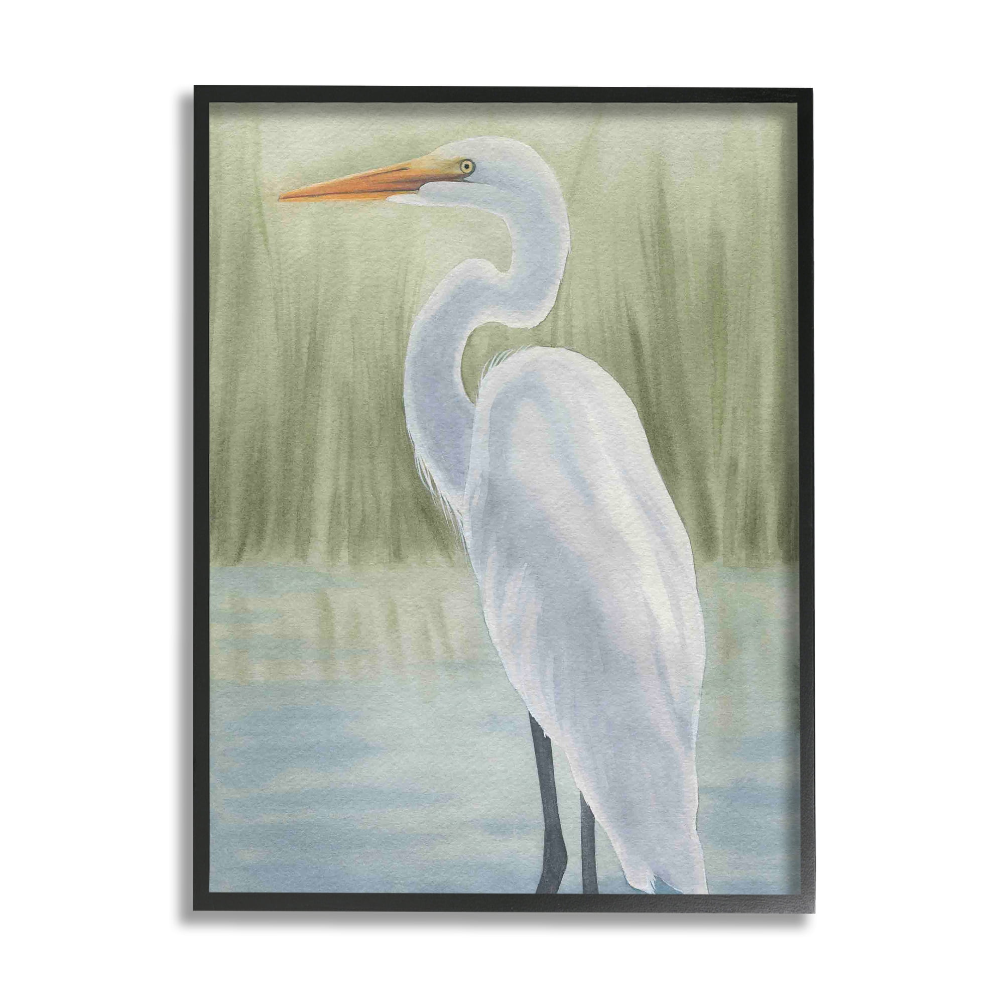 Stupell Industries Egret on Marsh Landscape Animals & Insects Painting Black Framed Art Print Wall Art, 24 x 30