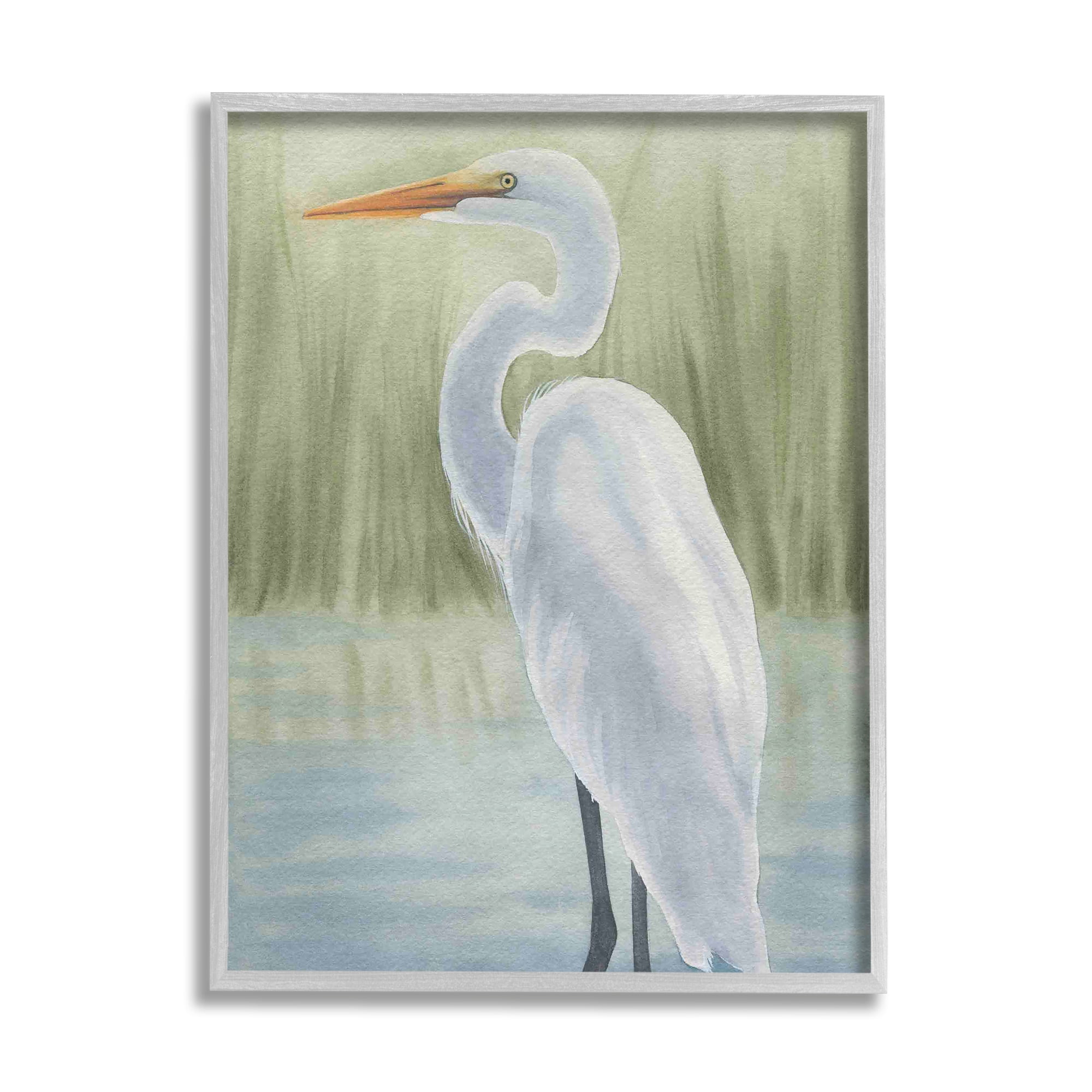 Stupell Industries Egret on Marsh Landscape Animals & Insects Painting Gray Framed Art Print Wall Art, 24 x 30