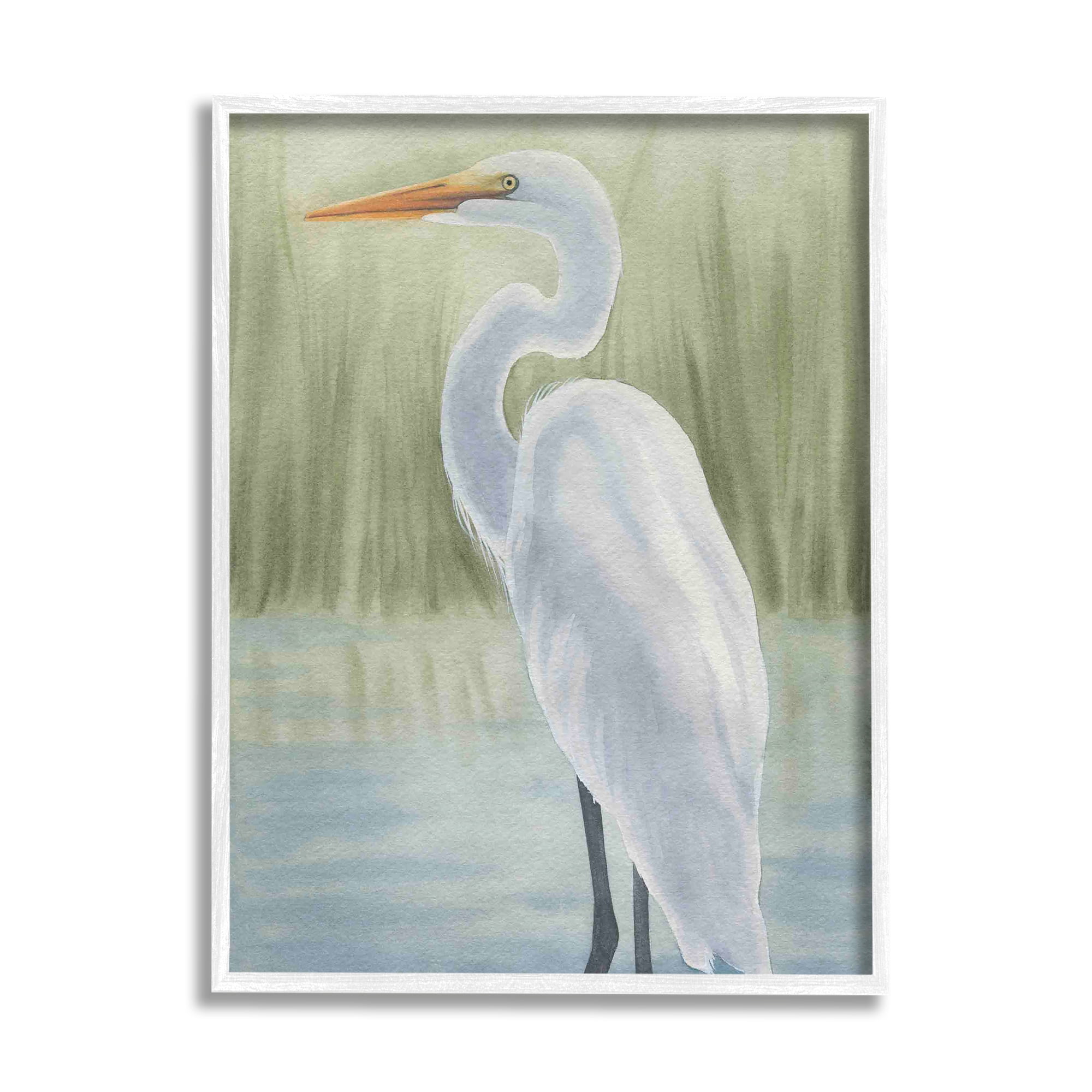 Stupell Industries Egret on Marsh Landscape Animals & Insects Painting White Framed Art Print Wall Art, 11 x 14