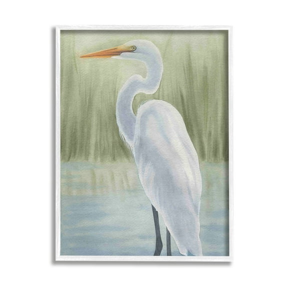 Stupell Industries Egret on Marsh Landscape Animals & Insects Painting White Framed Art Print Wall Art, 16 x 20