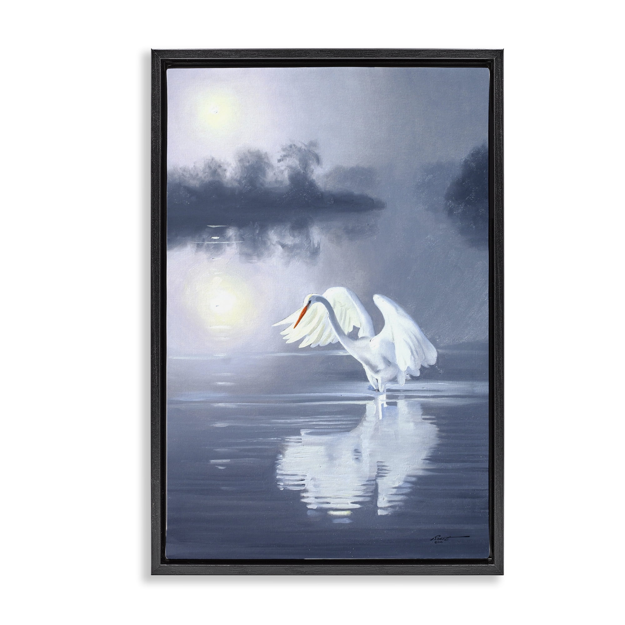 Stupell Industries Egret on Stormy Waters Animals & Insects Painting Black Floater Framed Canvas Art Print Wall Art, 21 x 31