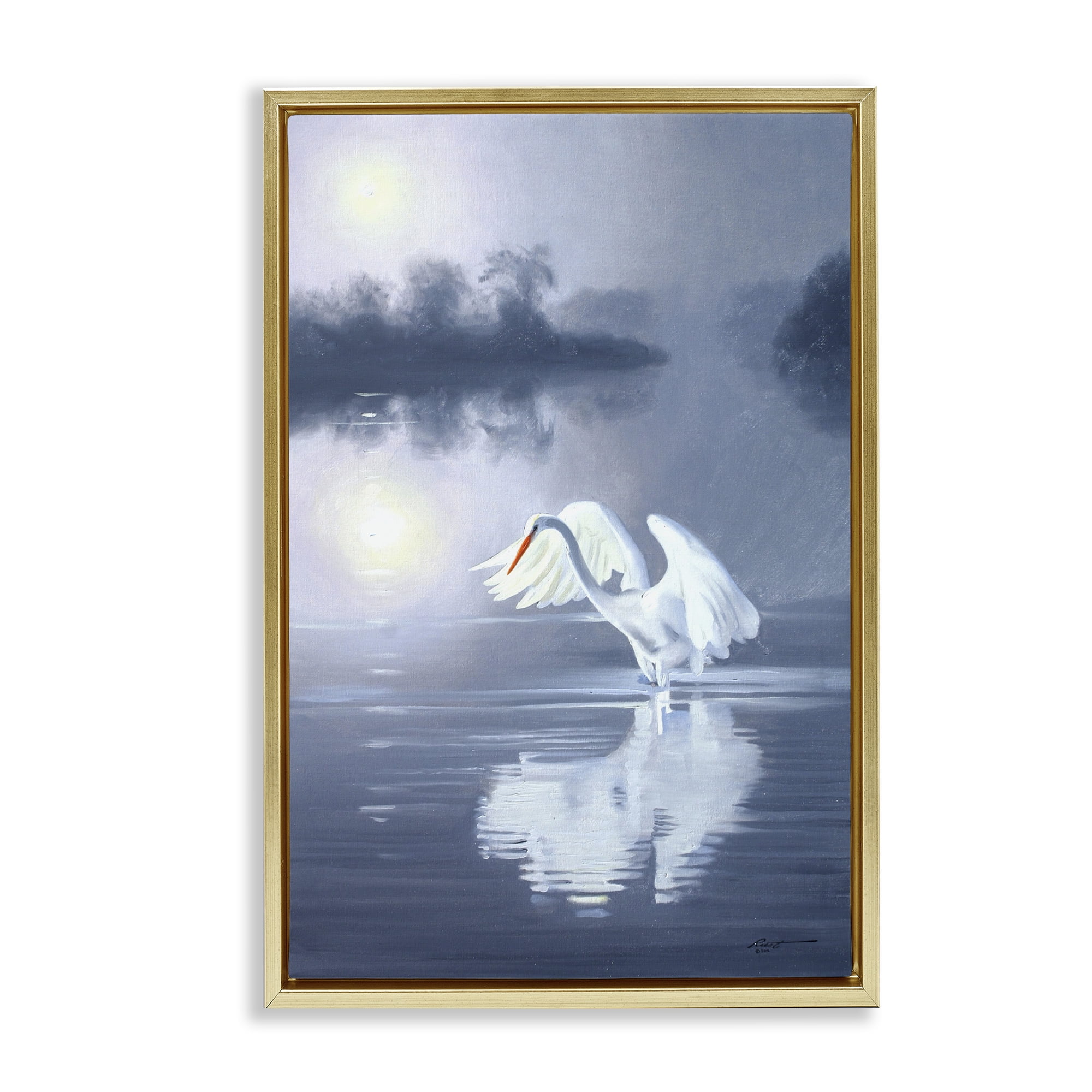 Stupell Industries Egret on Stormy Waters Animals & Insects Painting Gold Floater Framed Canvas Art Print Wall Art, 17 x 25