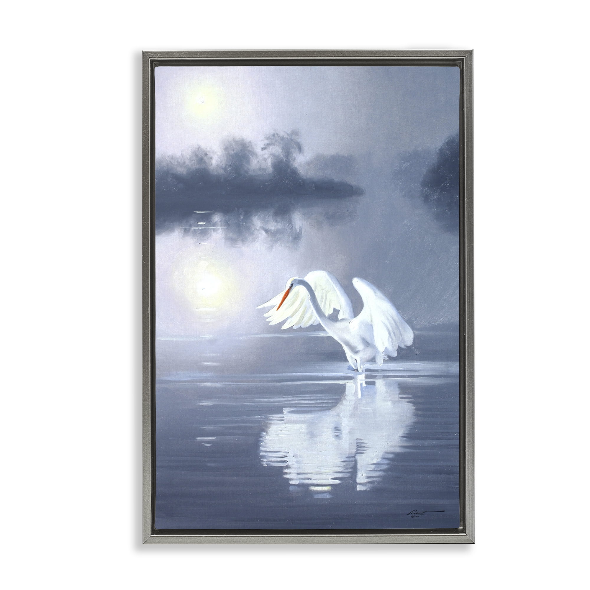 Stupell Industries Egret on Stormy Waters Animals & Insects Painting Gray Floater Framed Canvas Art Print Wall Art, 17 x 25