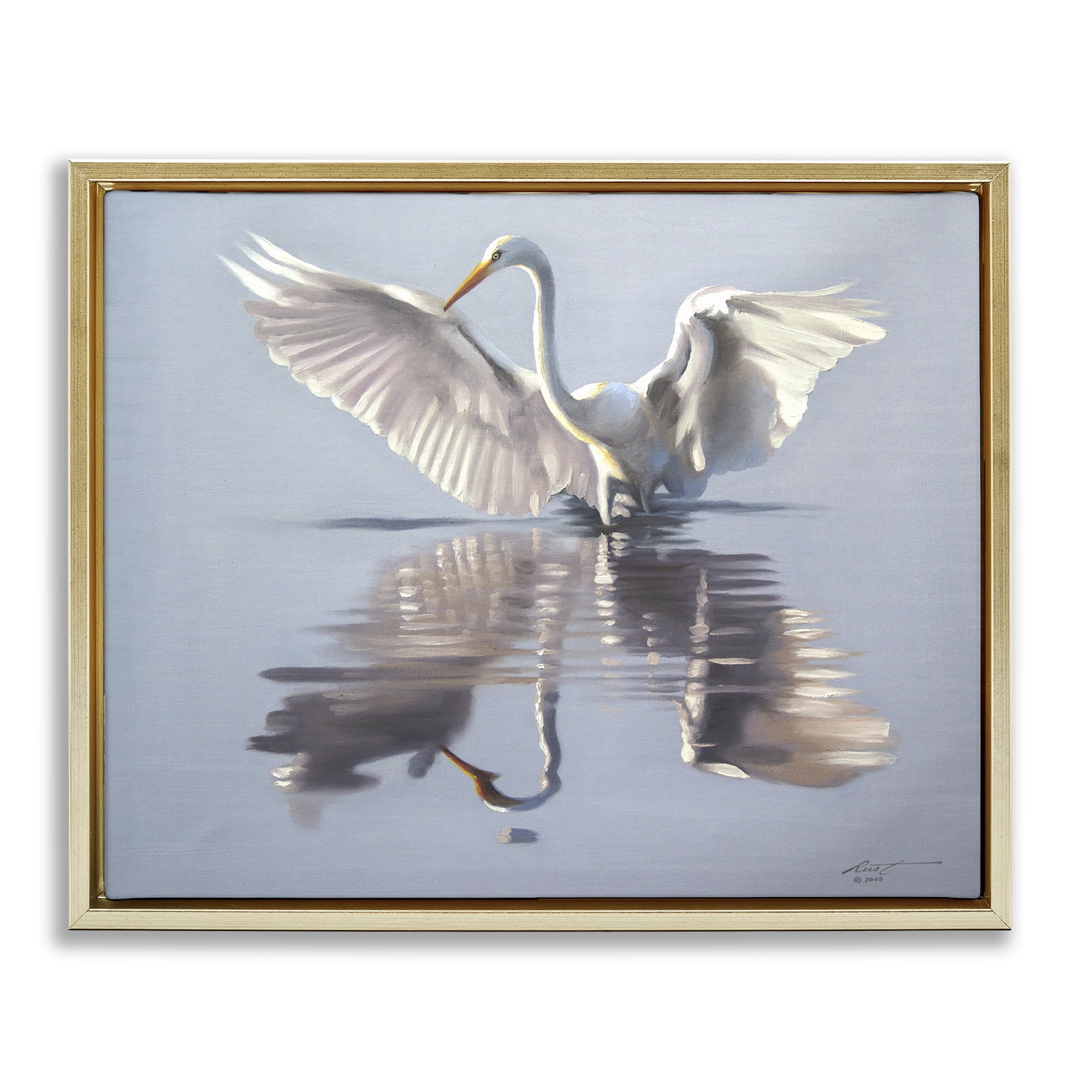 Stupell Industries Egret with Beautiful Wingspan Animals & Insects Painting Gold Floater Framed Canvas Art Print Wall Art, 21 x 17