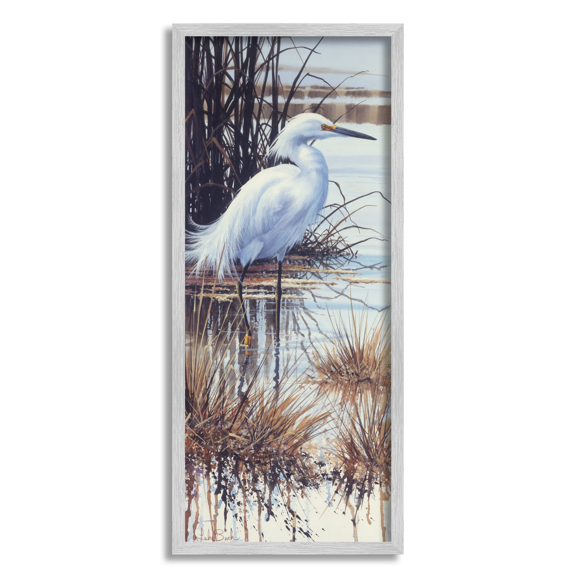 Stupell Industries Egret with Modern Splash Animals & Insects Painting Gray Framed Art Print Wall Art, 13 x 30