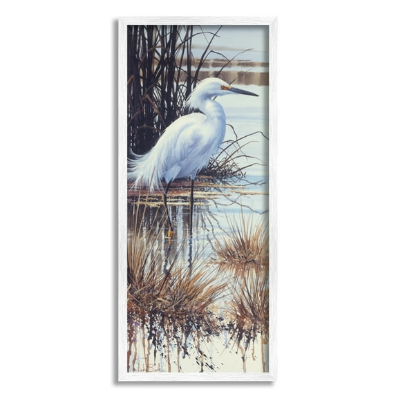Stupell Industries Egret with Modern Splash Animals & Insects Painting White Framed Art Print Wall Art, 13 x 30