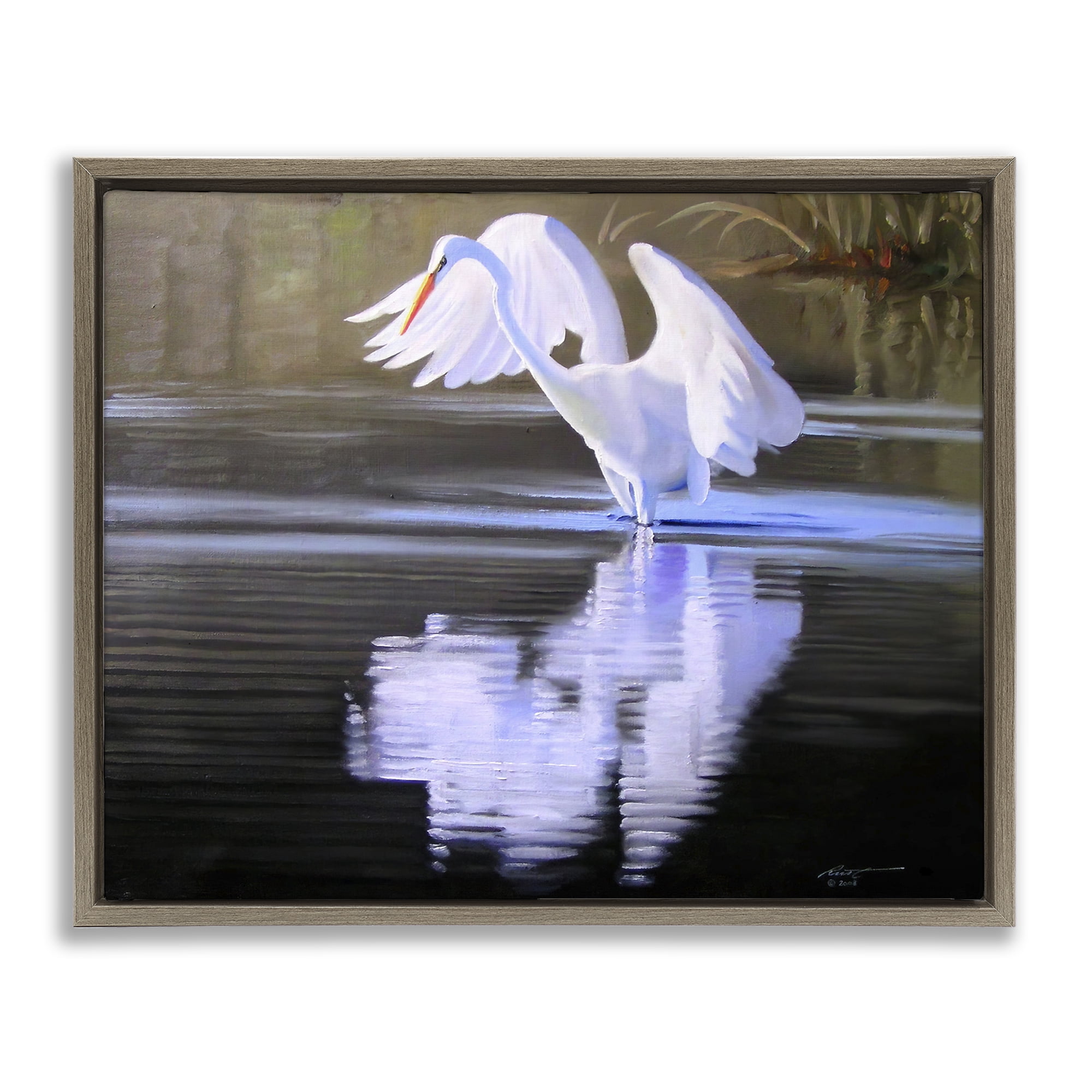 Stupell Industries Egret with Water Ripples Animals & Insects Painting Brown Floater Framed Canvas Art Print Wall Art, 21 x 17