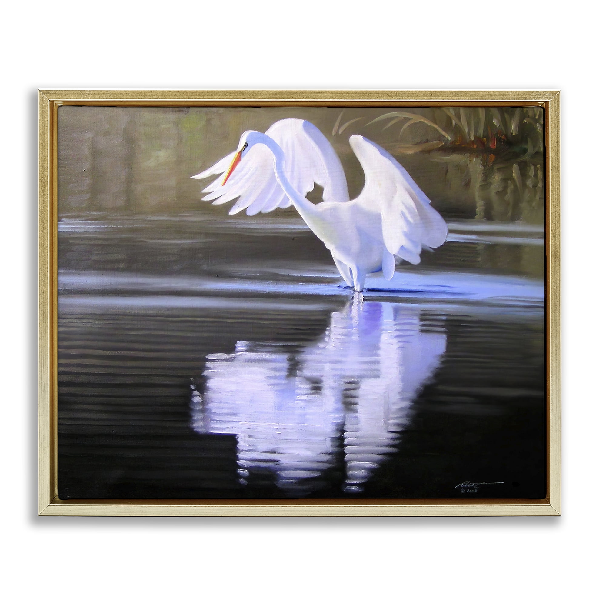Stupell Industries Egret with Water Ripples Animals & Insects Painting Gold Floater Framed Canvas Art Print Wall Art, 21 x 17