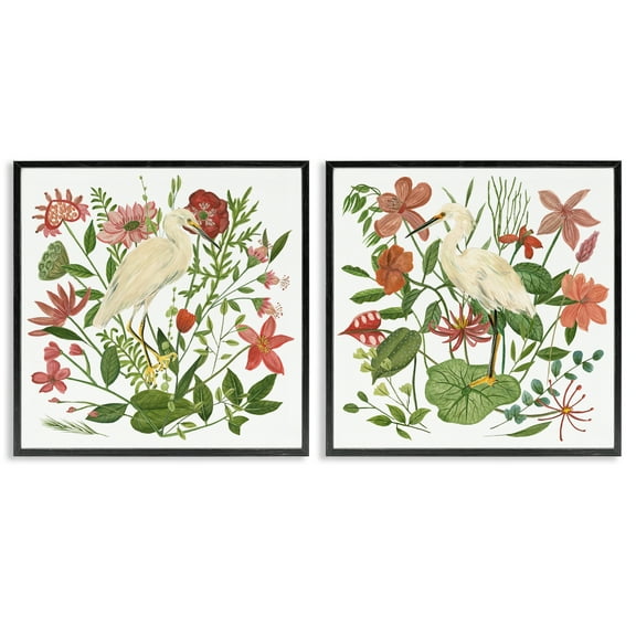 Stupell Industries Egrets Color Pop Flowers Plants & Flowers Painting Black Framed Art Print Wall Art, 12 x 12, Set of 2