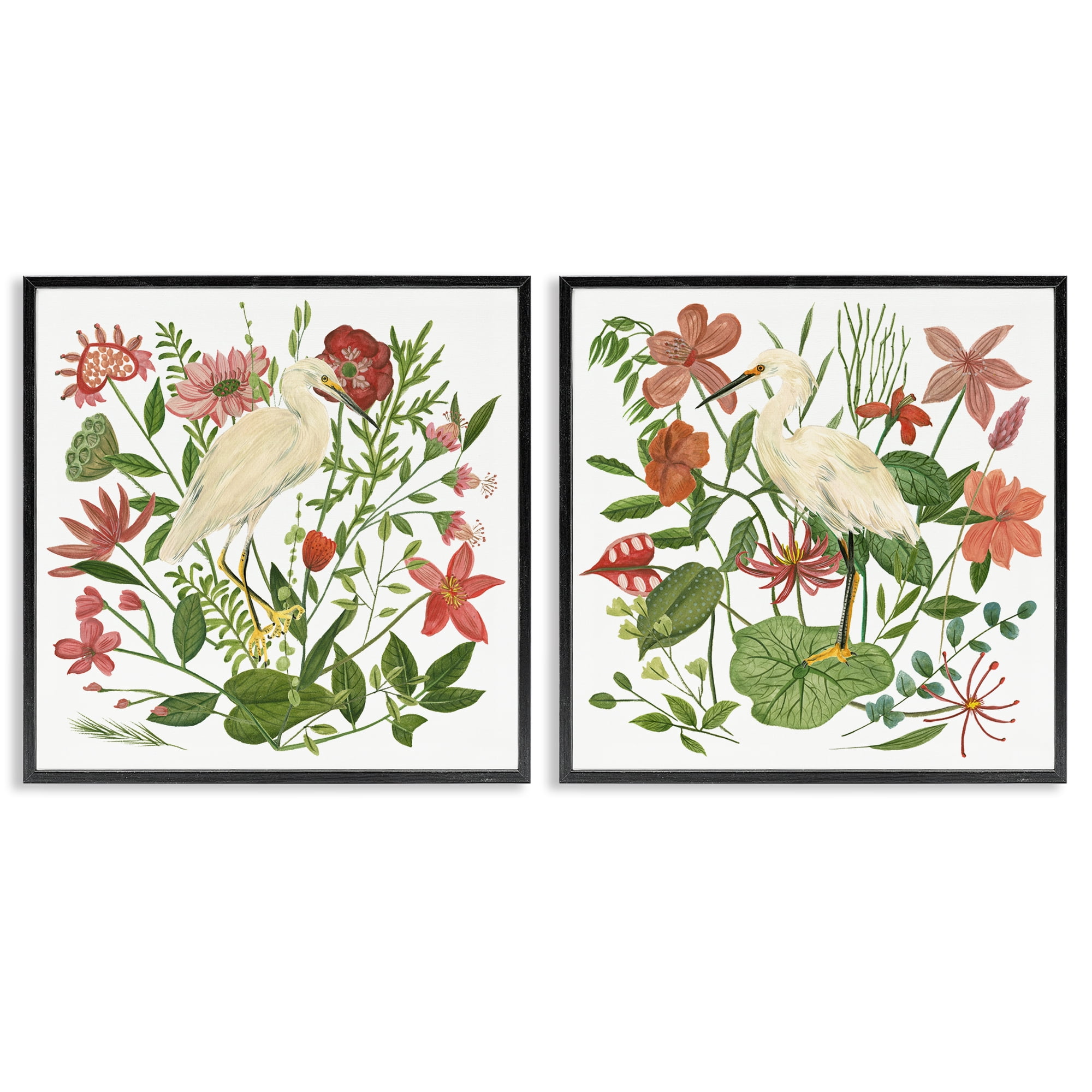 Stupell Industries Egrets Color Pop Flowers Plants & Flowers Painting Black Framed Art Print Wall Art, 17 x 17, Set of 2