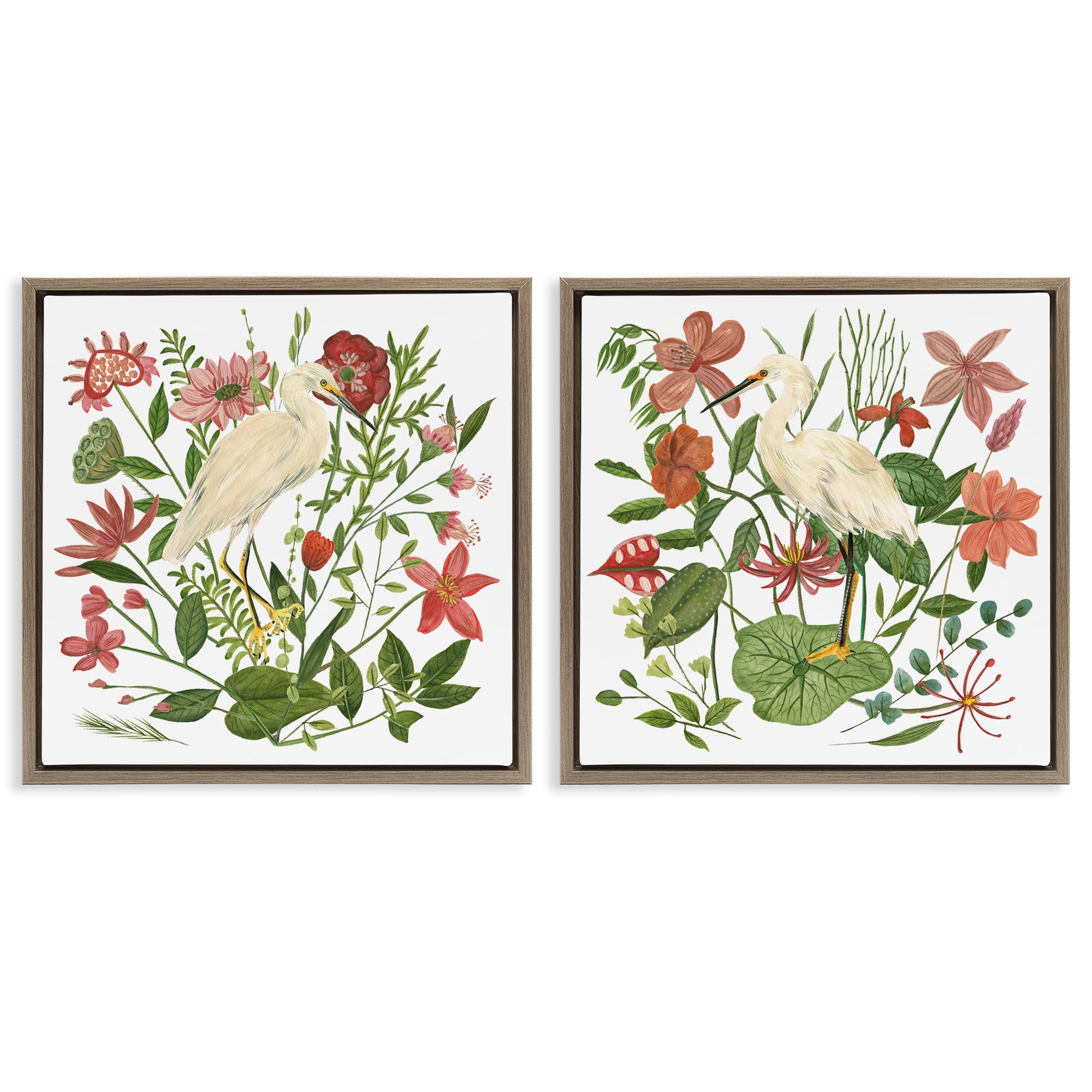 Stupell Industries Egrets Color Pop Flowers Plants & Flowers Painting Brown Floater Framed Canvas Art Print Wall Art, 25 x 25, Set of 2