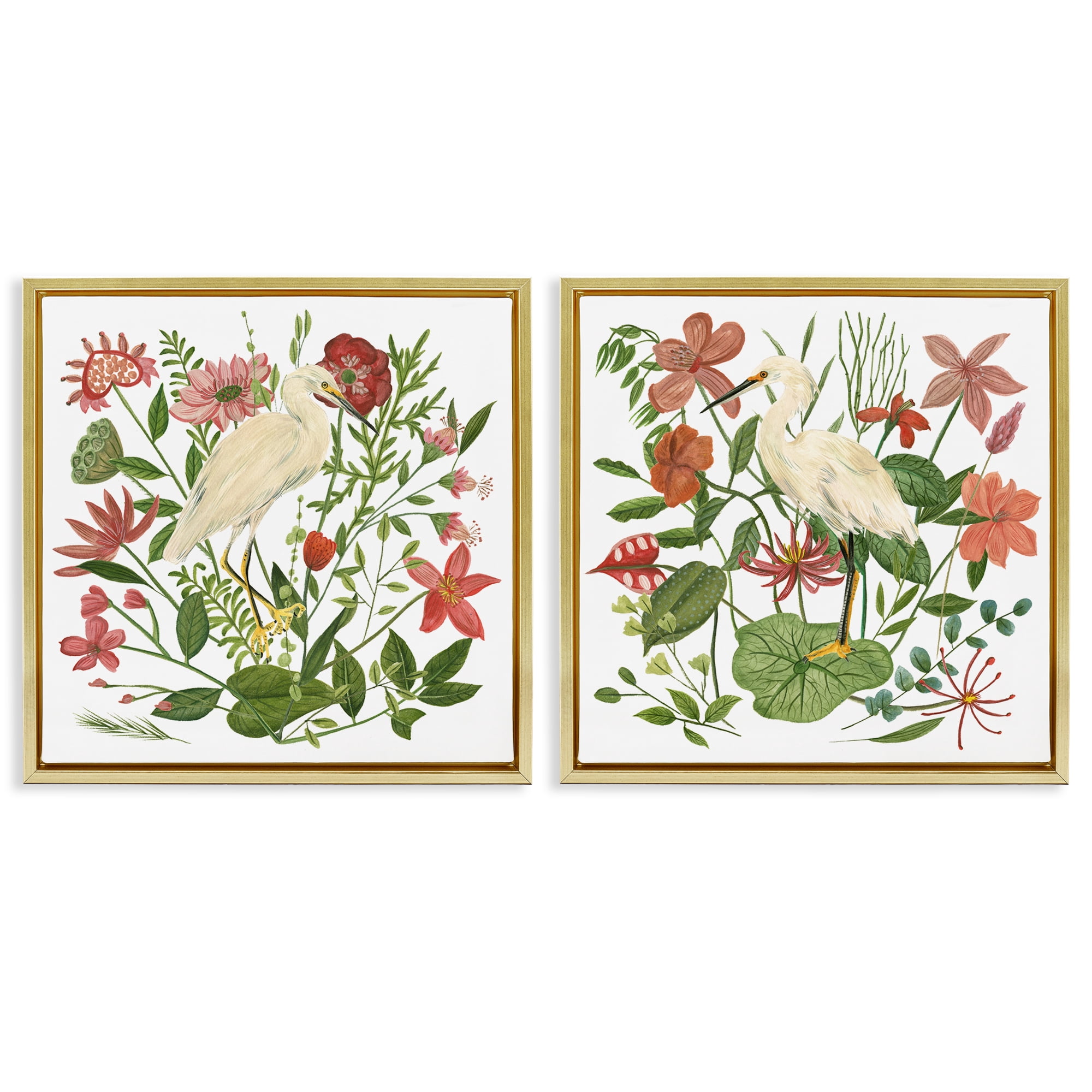 Stupell Industries Egrets Color Pop Flowers Plants & Flowers Painting Gold Floater Framed Canvas Art Print Wall Art, 18 x 18, Set of 2