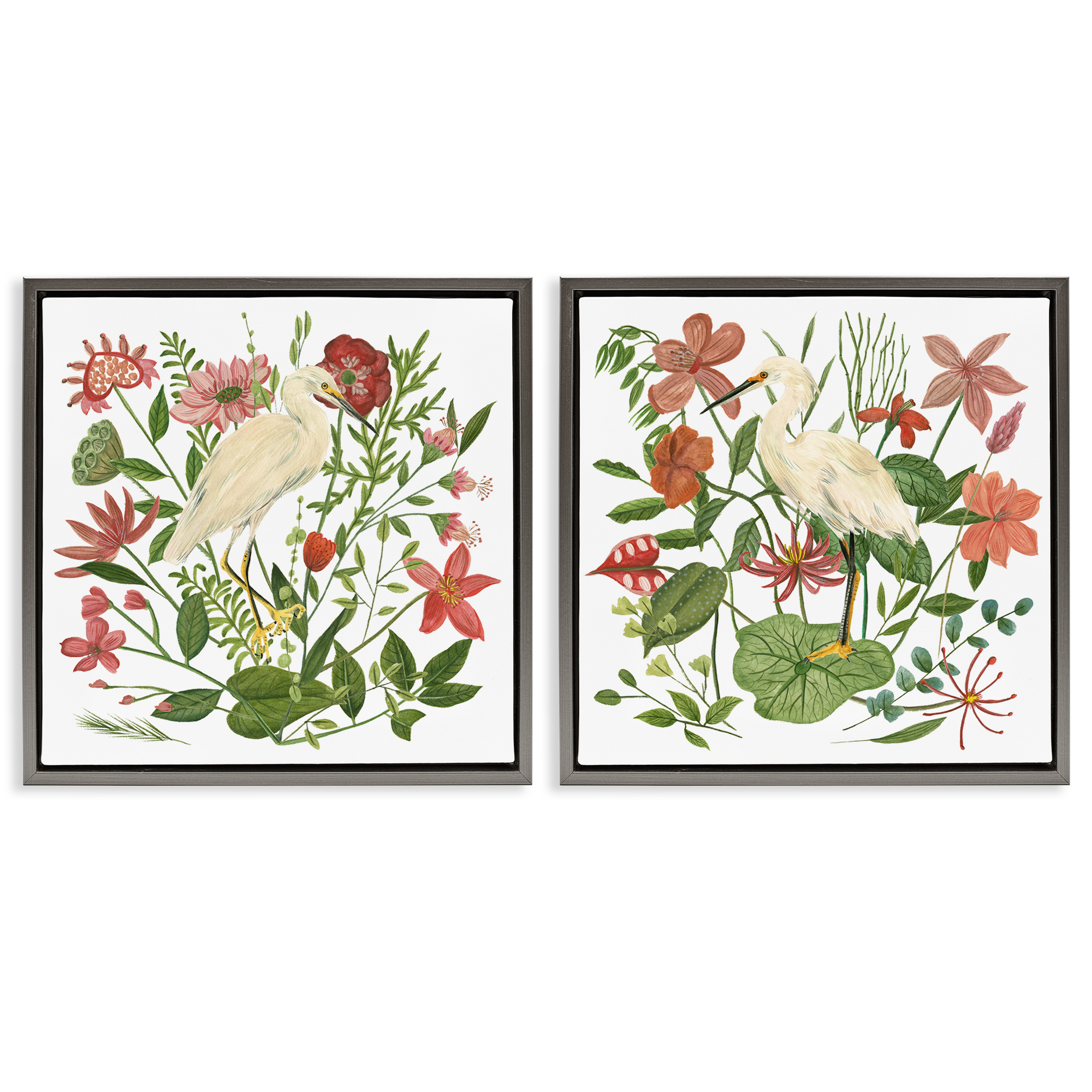 Stupell Industries Egrets Color Pop Flowers Plants & Flowers Painting Gray Floater Framed Canvas Art Print Wall Art, 25 x 25, Set of 2