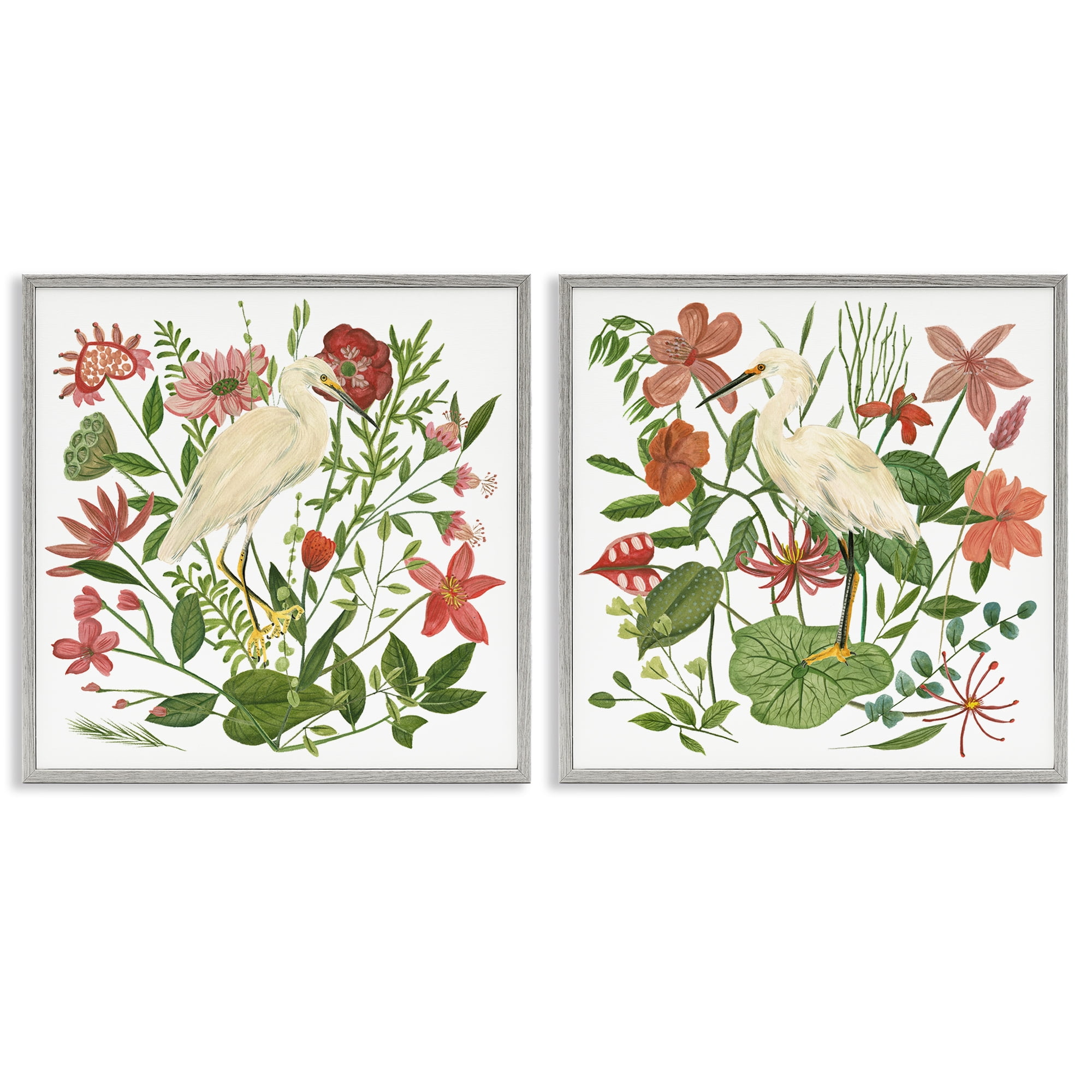 Stupell Industries Egrets Color Pop Flowers Plants & Flowers Painting Gray Framed Art Print Wall Art, 12 x 12, Set of 2