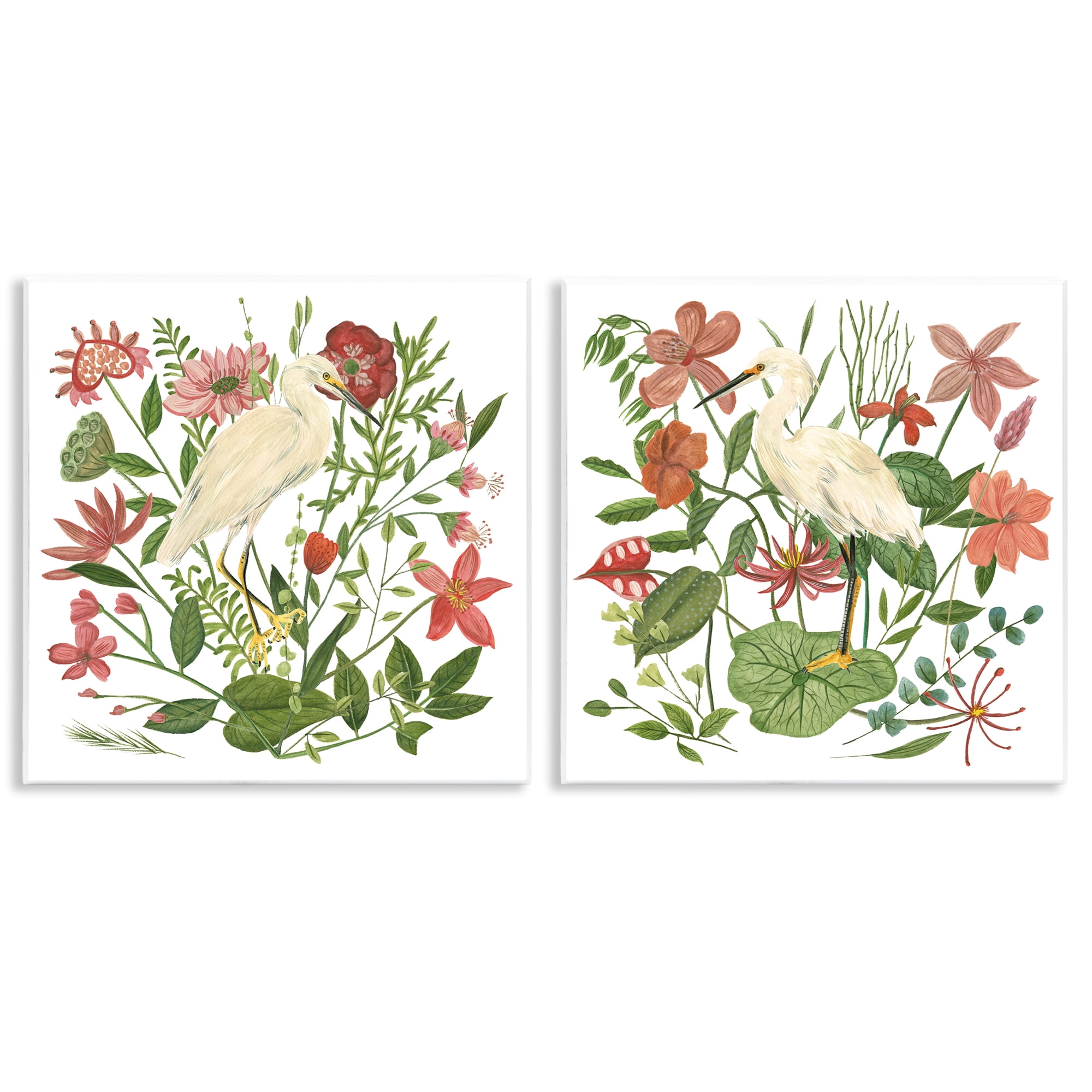 Stupell Industries Egrets Color Pop Flowers Plants & Flowers Painting Unframed Art Print Wall Art, 12 x 12, Set of 2