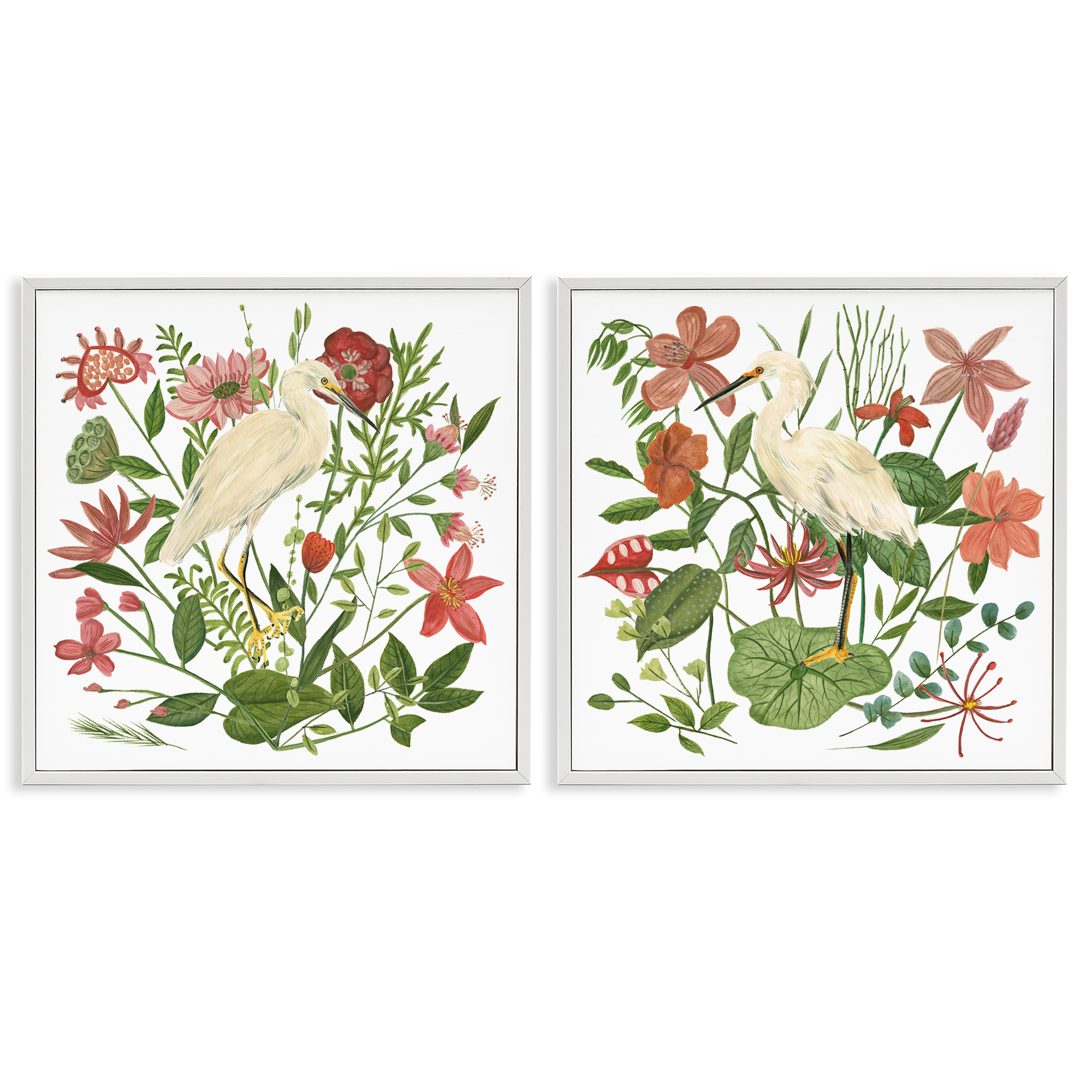 Stupell Industries Egrets Color Pop Flowers Plants & Flowers Painting White Framed Art Print Wall Art, 12 x 12, Set of 2
