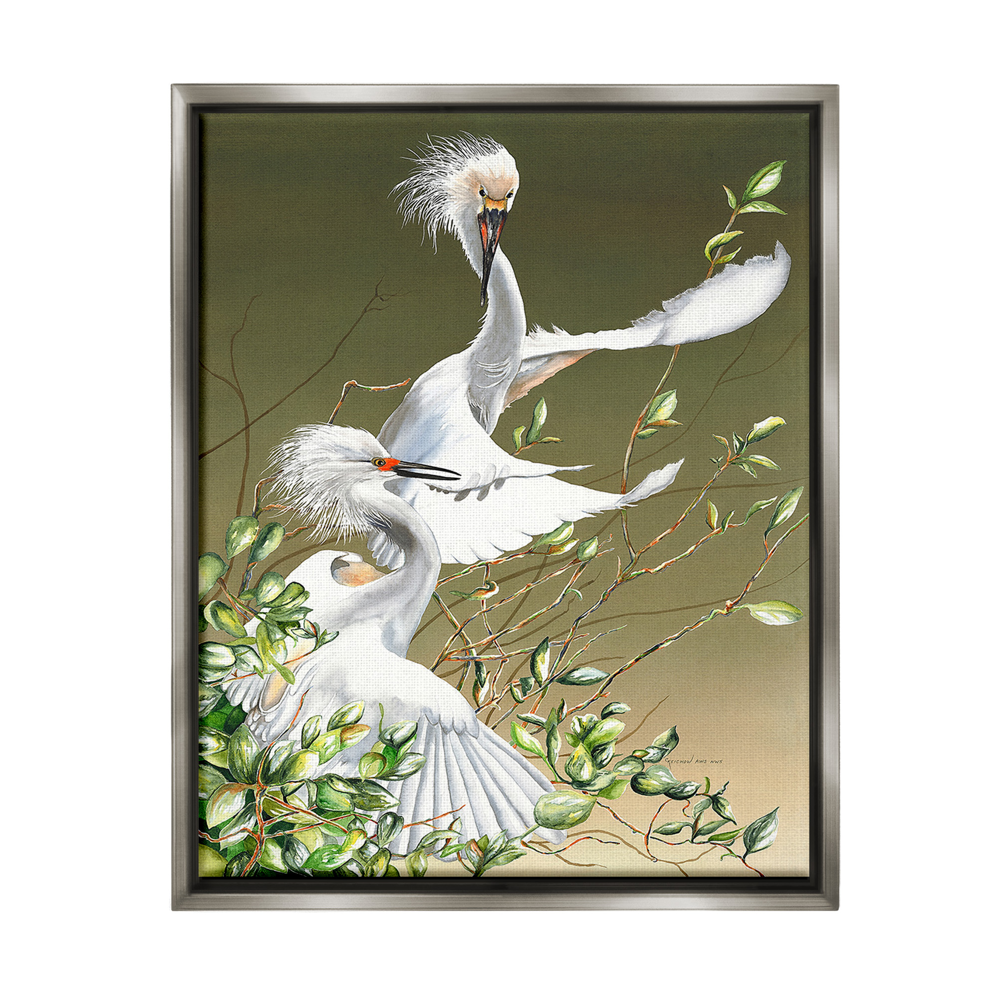 Stupell Industries Egrets Flapping Wings Animals & Insects Painting Gray Floater Framed Canvas Art Print Wall Art, 17 x 21