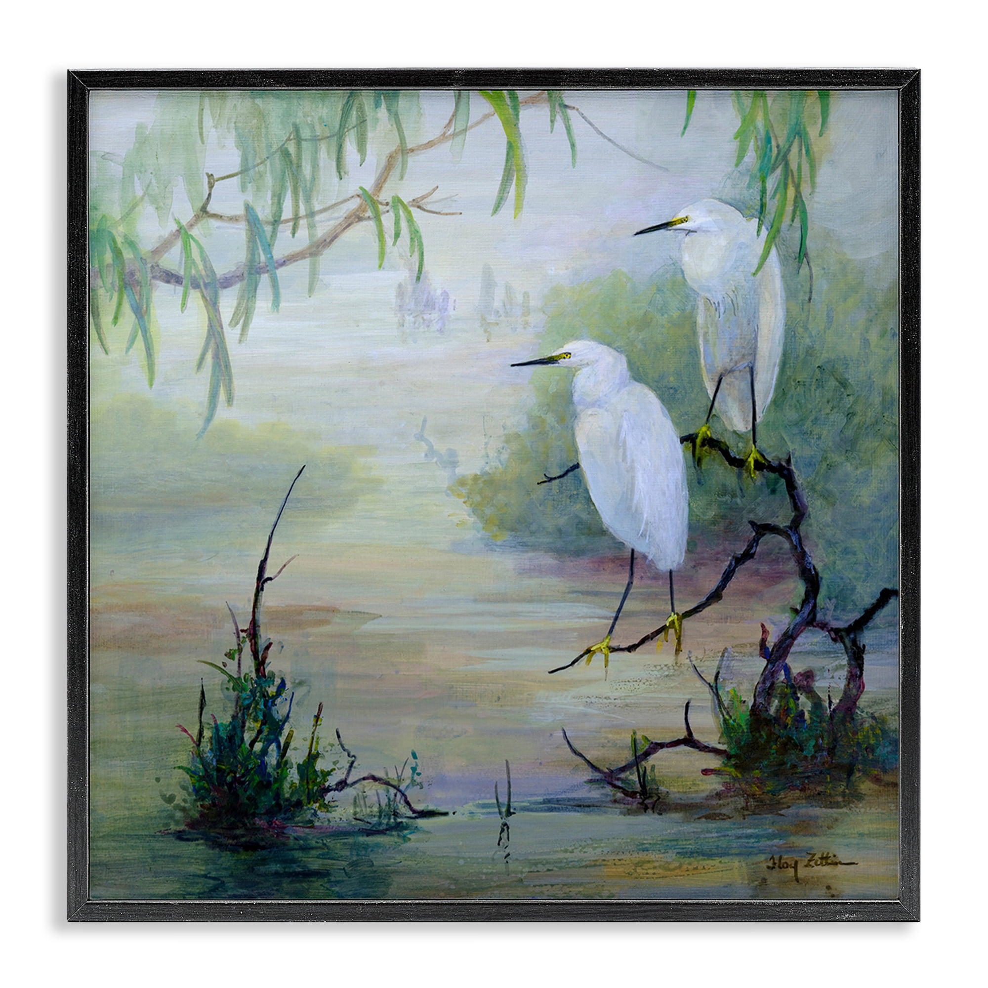 Stupell Industries Egrets & Marshland Edge Birds Painting Black Framed Art Print Wall Art, 17 x 17