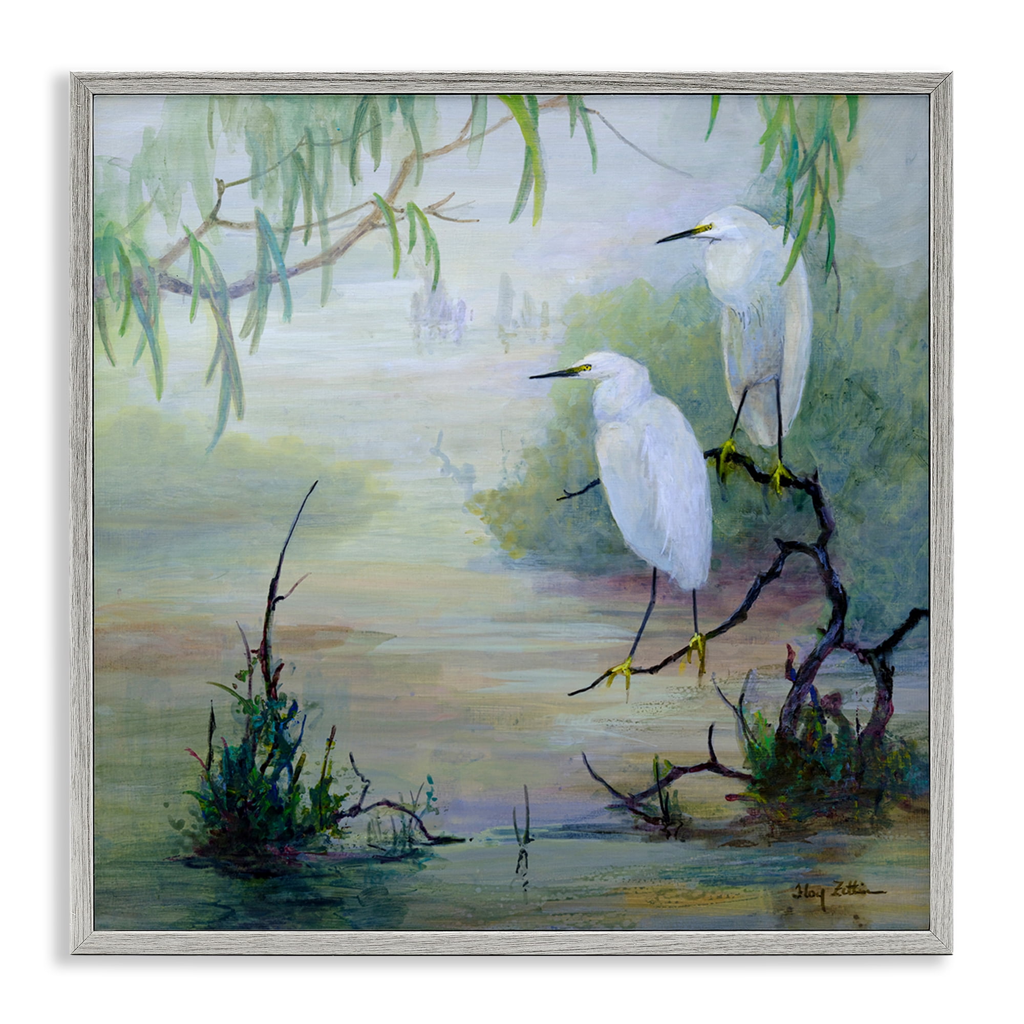 Stupell Industries Egrets & Marshland Edge Birds Painting Gray Framed Art Print Wall Art, 24 x 24